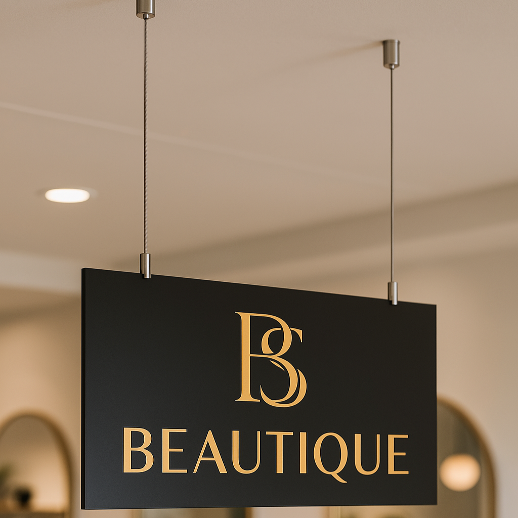 Indoor suspended swing sign with Beautique logo in 3D acrylic