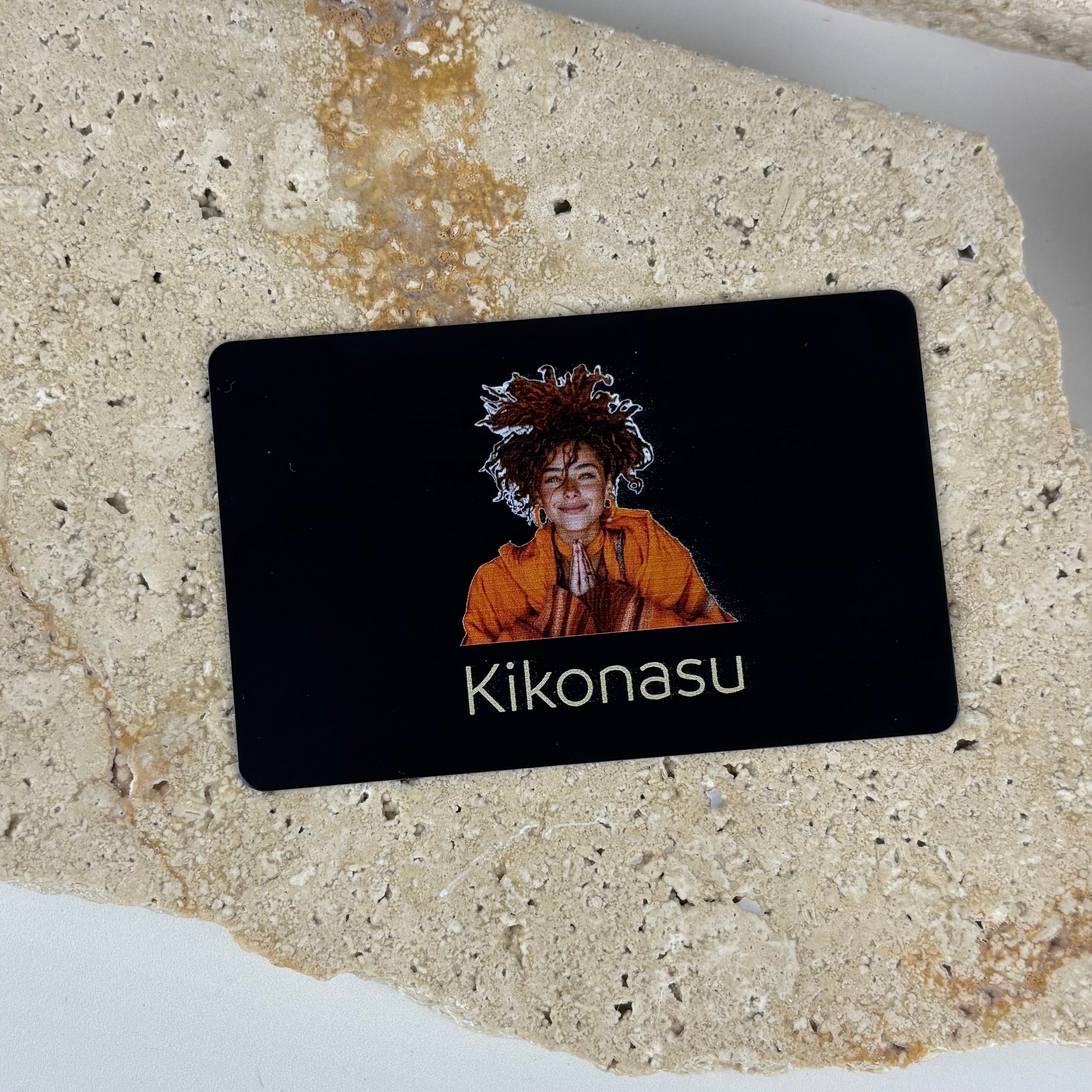 UV printed black acrylic NFC business card with full colour portrait design and gold name text, contactless digital business card