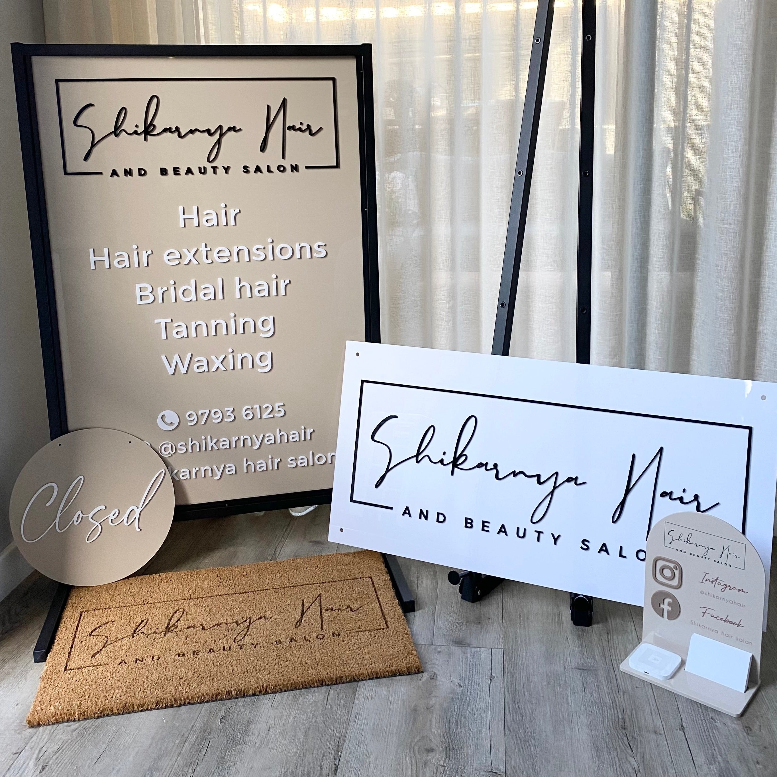 Khadeya Mua custom rectangular acrylic sign bundle with T frame, open sign and doormat
