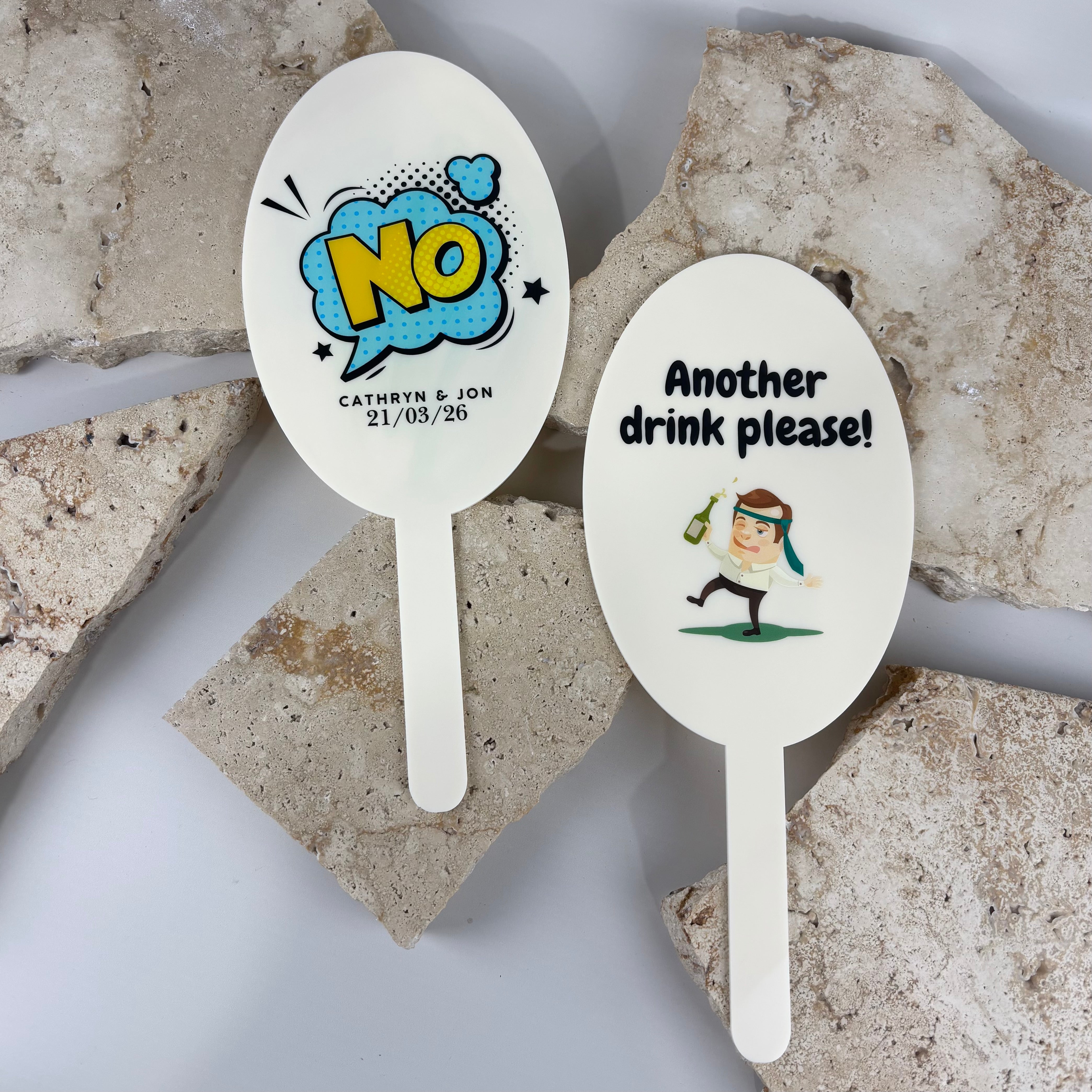 Custom acrylic wedding drink paddle signs for guests with fun “no” and “another drink please” designs for wedding receptions and party photo props