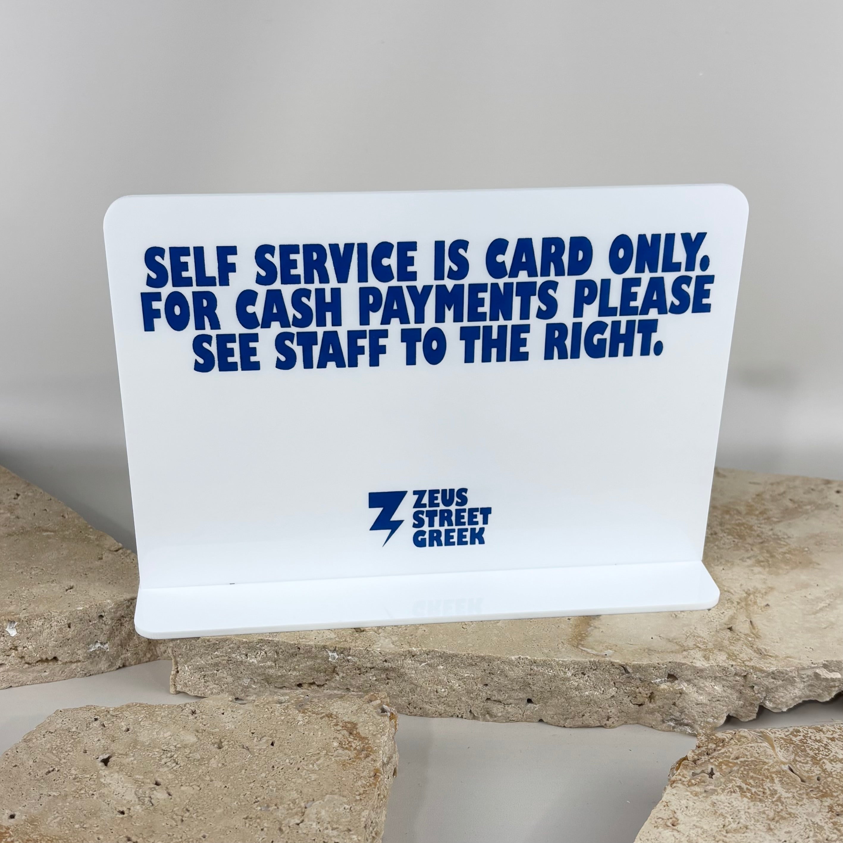 Double sided acrylic countertop sign with bold 3D lettering, custom business signage for card only payments and customer directions, freestanding retail counter display sign for restaurants, cafes and takeaway shops