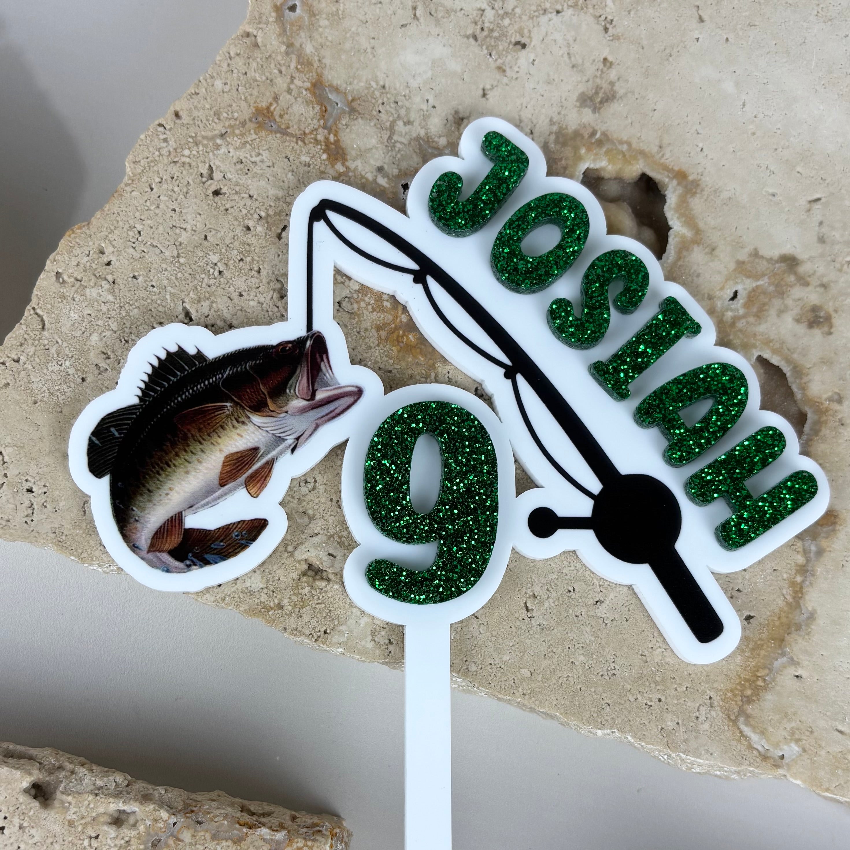 Custom 3D and UV printed cake topper with name and age, fishing theme acrylic cake topper featuring fish and rod design