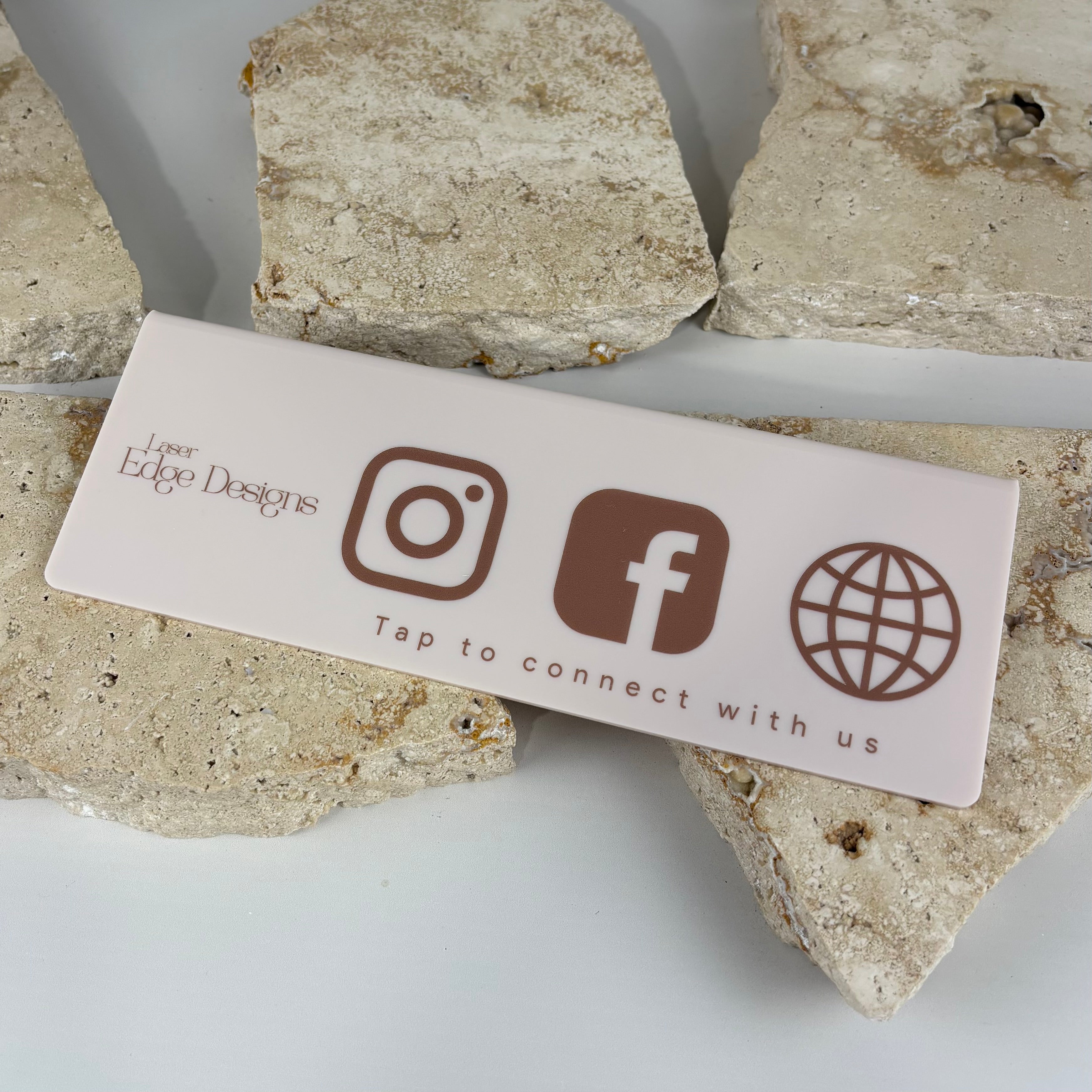 NFC display stand for business with Instagram Facebook and website icons tap to connect sign