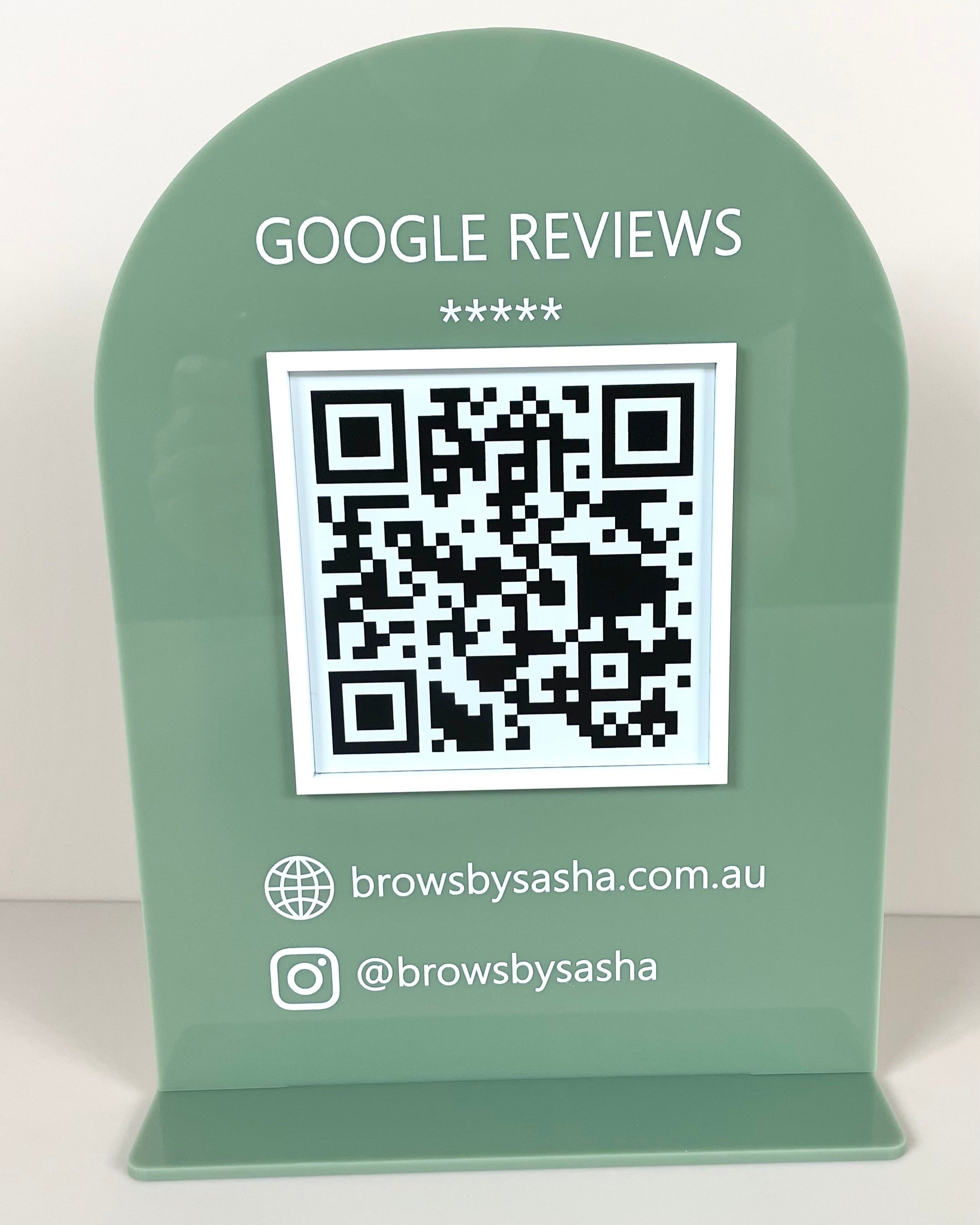 Mint green acrylic QR code review sign with custom branding