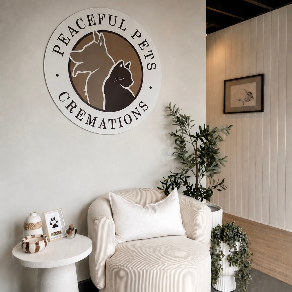 Custom round acrylic business logo sign for pet cremation business, modern wall mounted business signage, personalised reception logo sign for veterinary clinic Australia