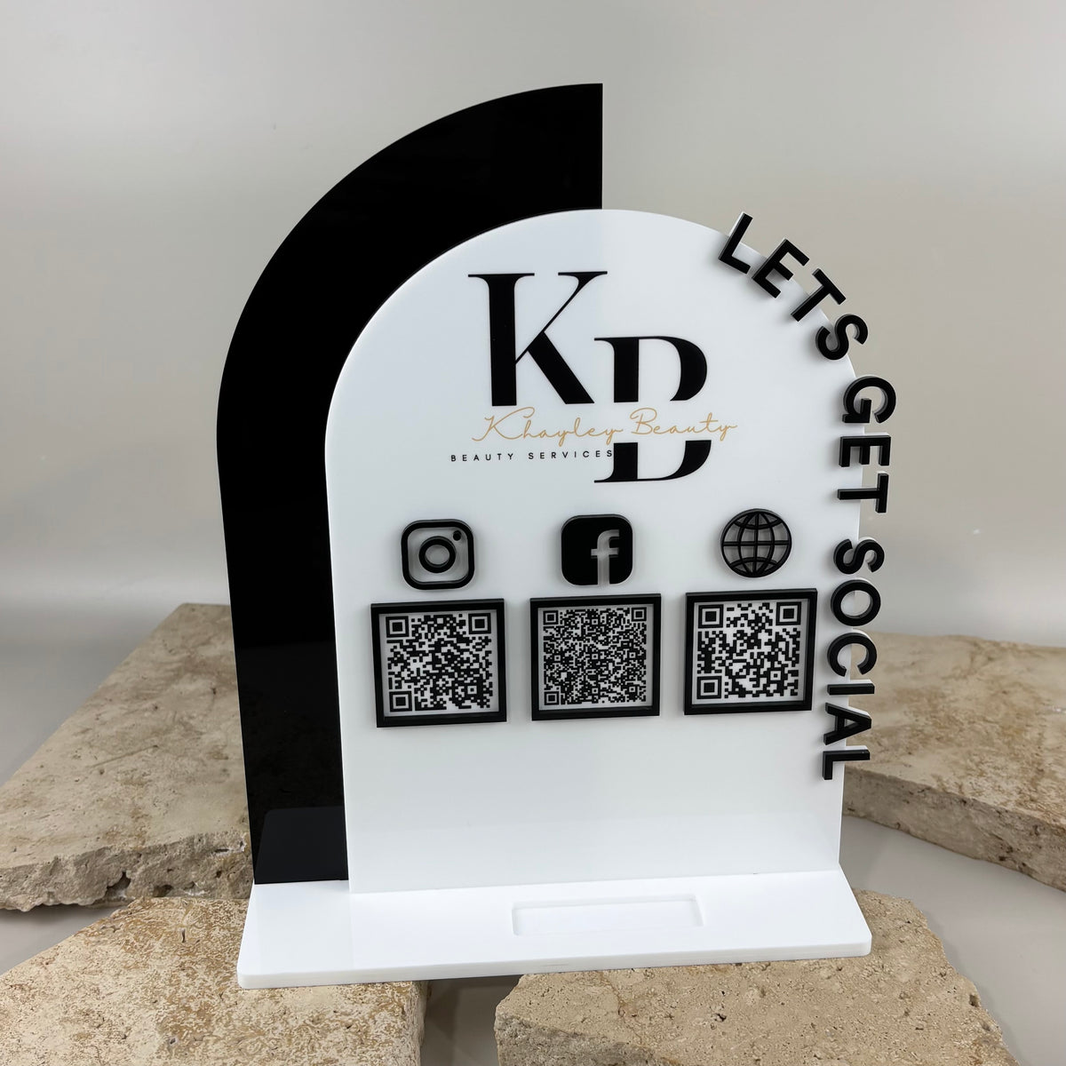 Custom social media QR code business stand with Instagram, Facebook and website links, personalised acrylic countertop sign for salons, beauty businesses and retail stores.