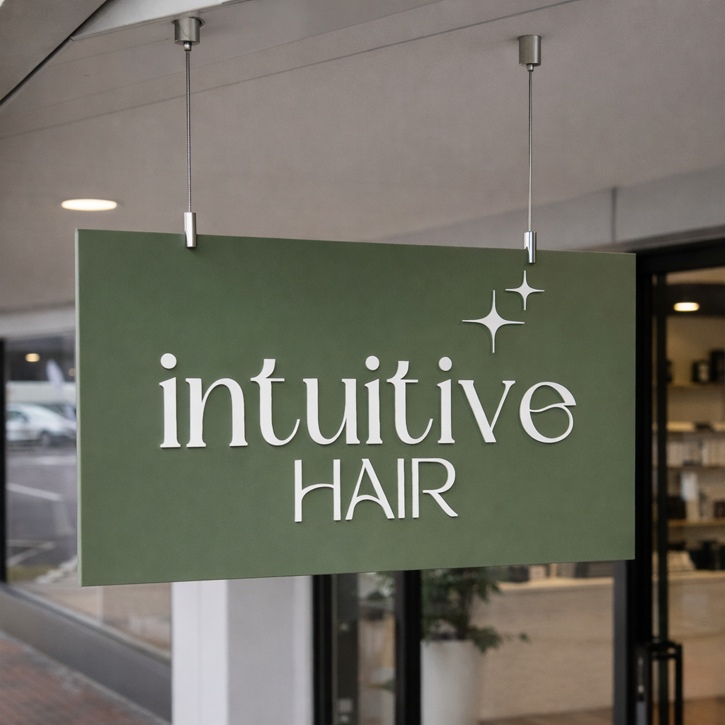 Suspended display sign hanging outside a hair salon, featuring a custom acrylic business sign mounted with ceiling cables for storefront branding and visibility