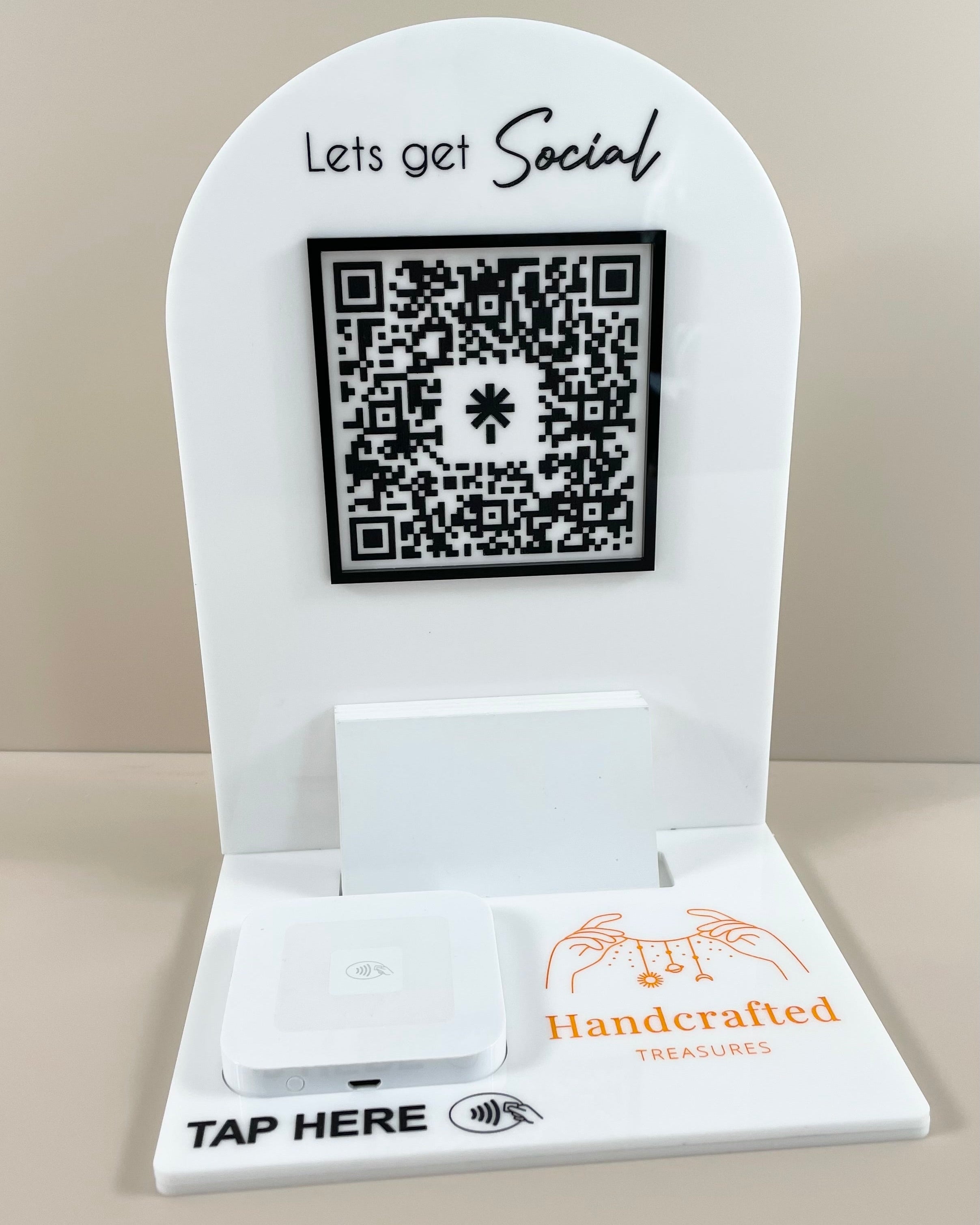 Social media QR code display with square reader for business counter