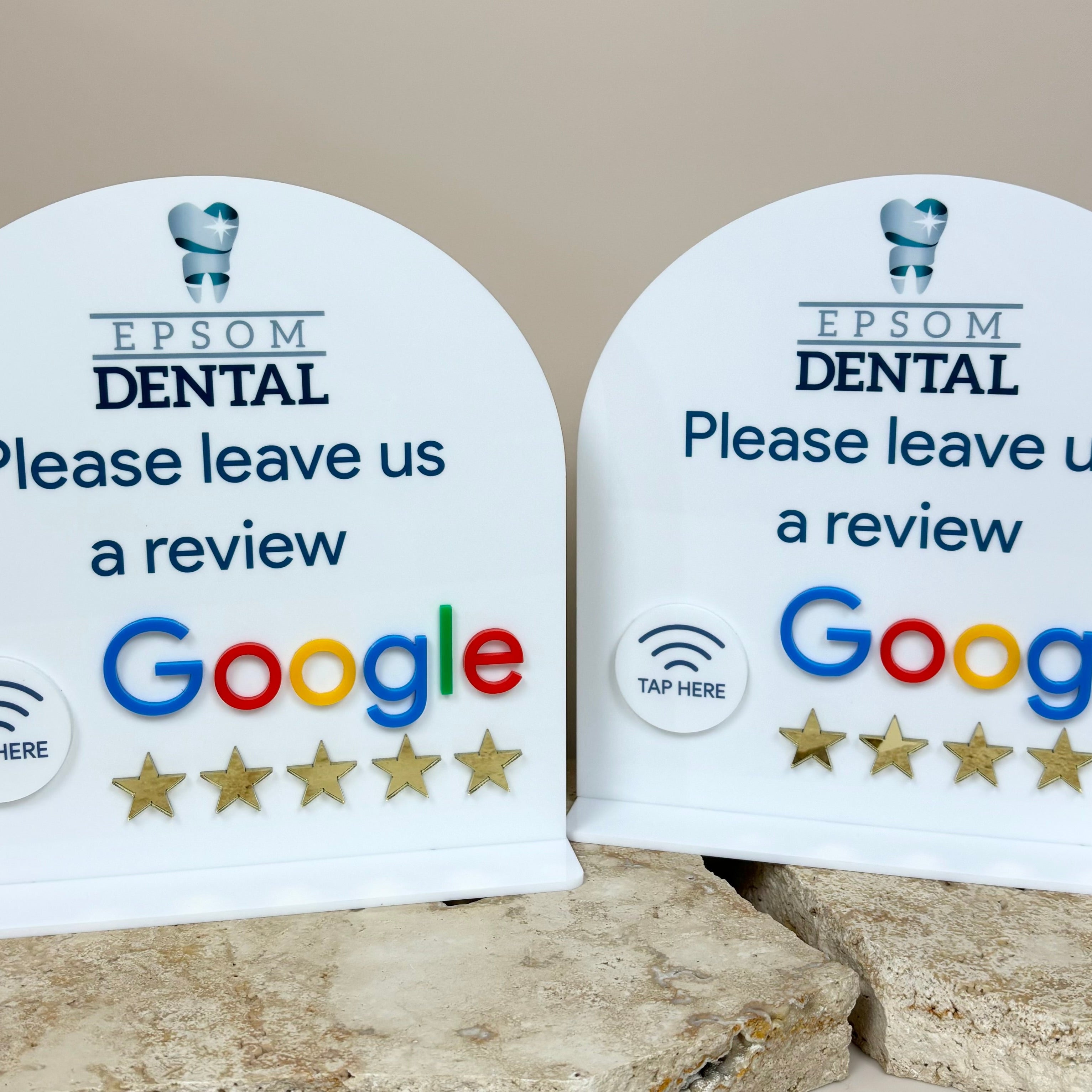 NFC Google review signs for dental clinics – twin custom displays for reception desk