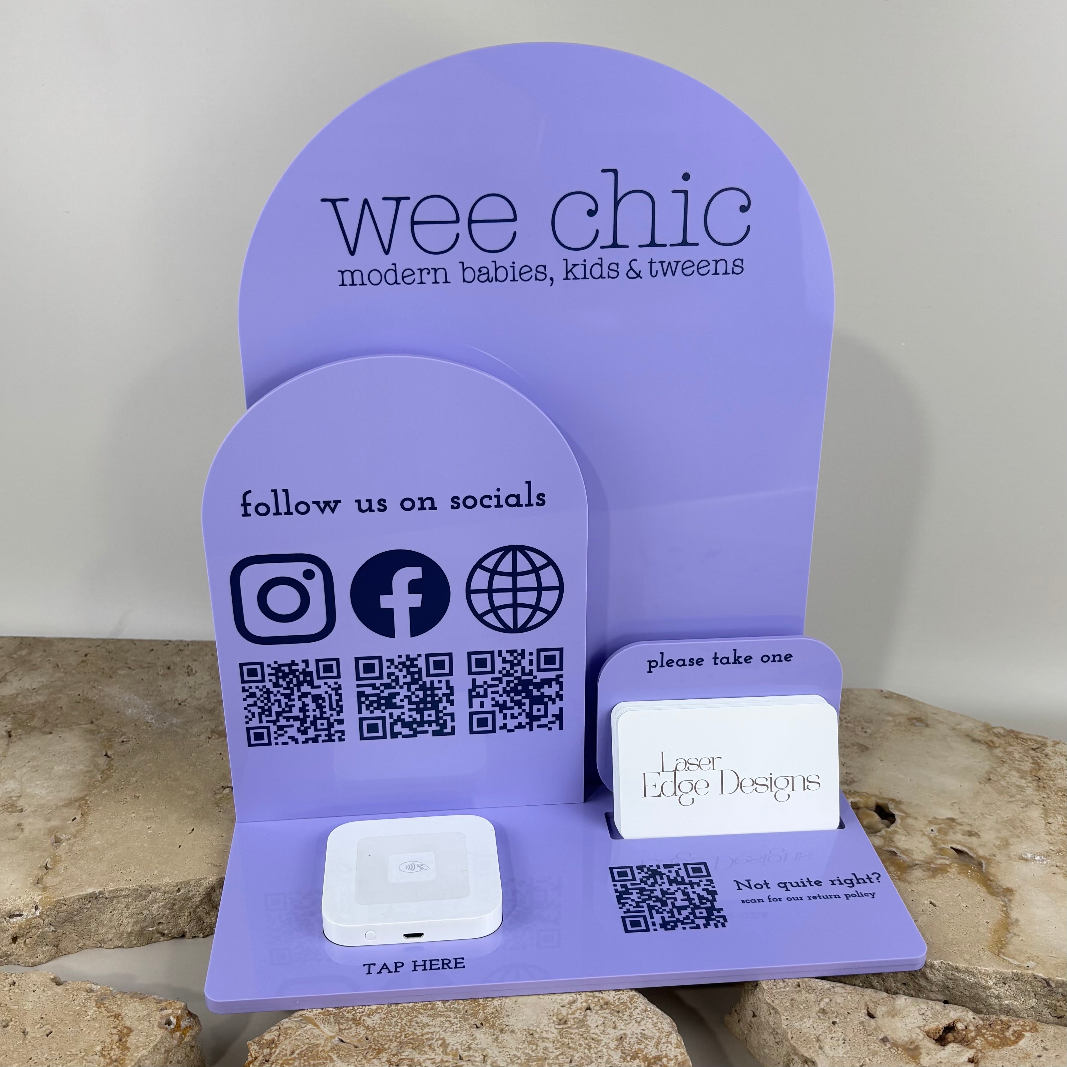 Custom purple acrylic NFC business station with QR codes and social icons, freestanding social media display stand with tap to connect NFC, business card holder signage for boutiques, salons and small businesses Australia.