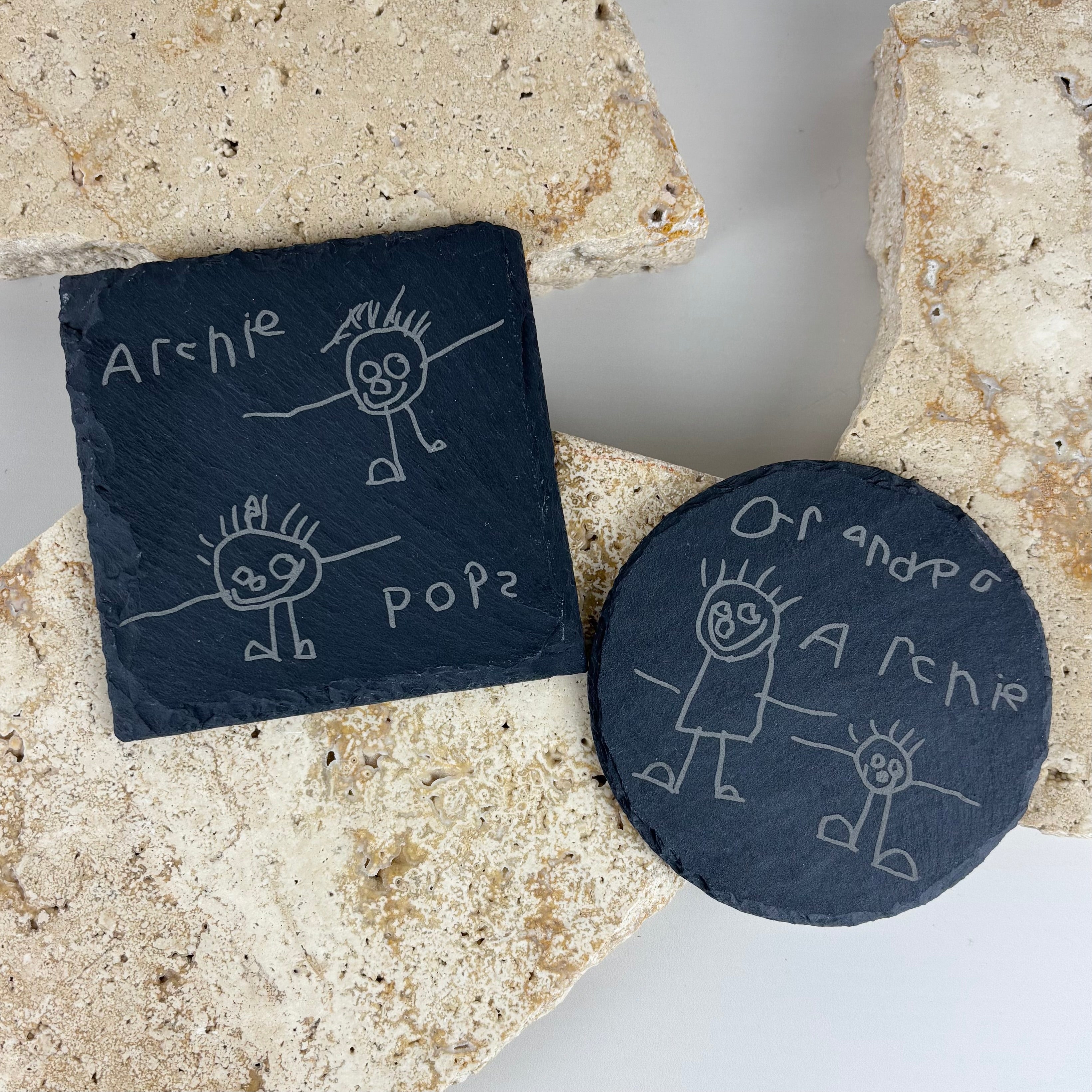 Custom engraved slate coasters with child drawing – personalised laser engraved slate drink coasters Australia