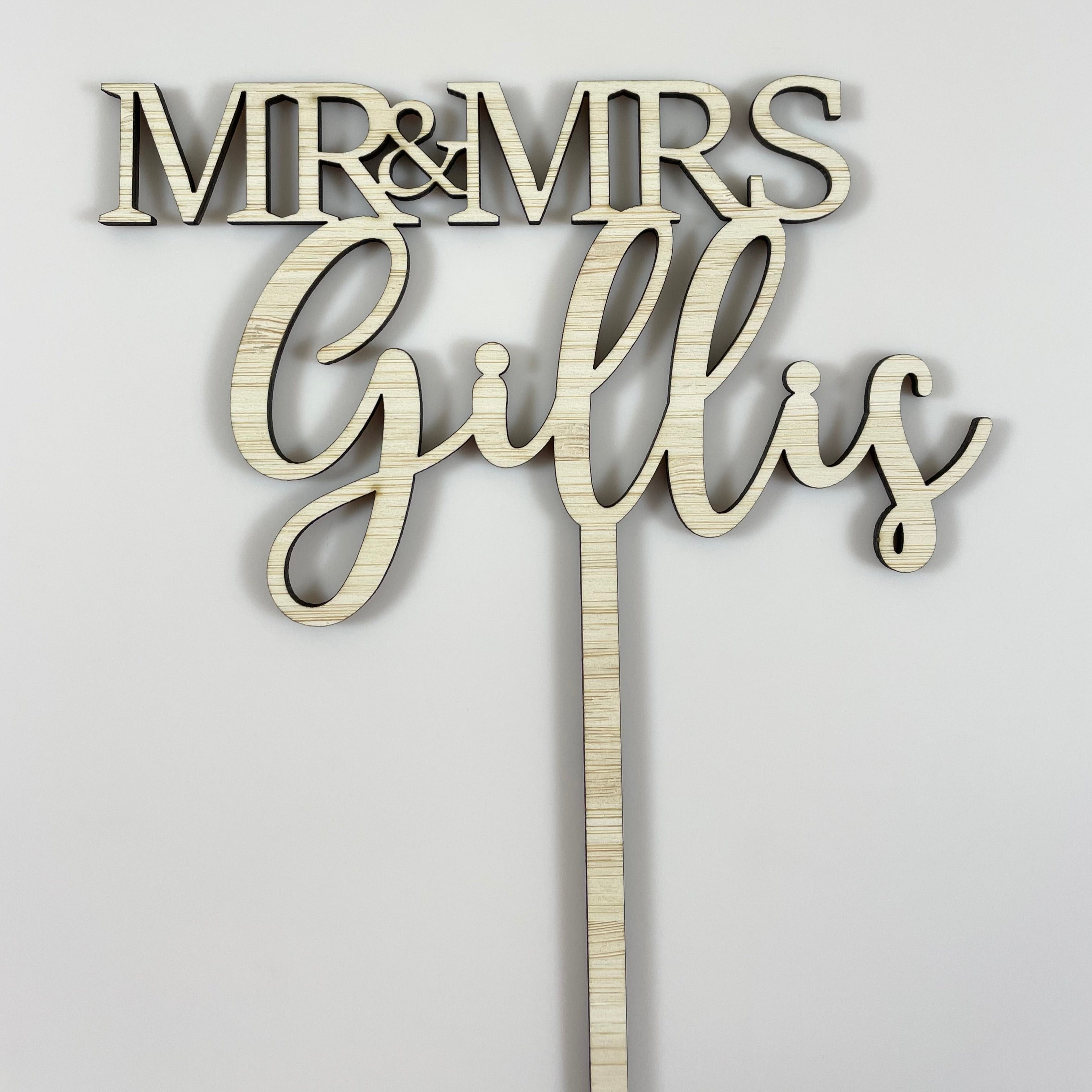 Mr and Mrs Gillis personalised bamboo wedding cake topper laser cut