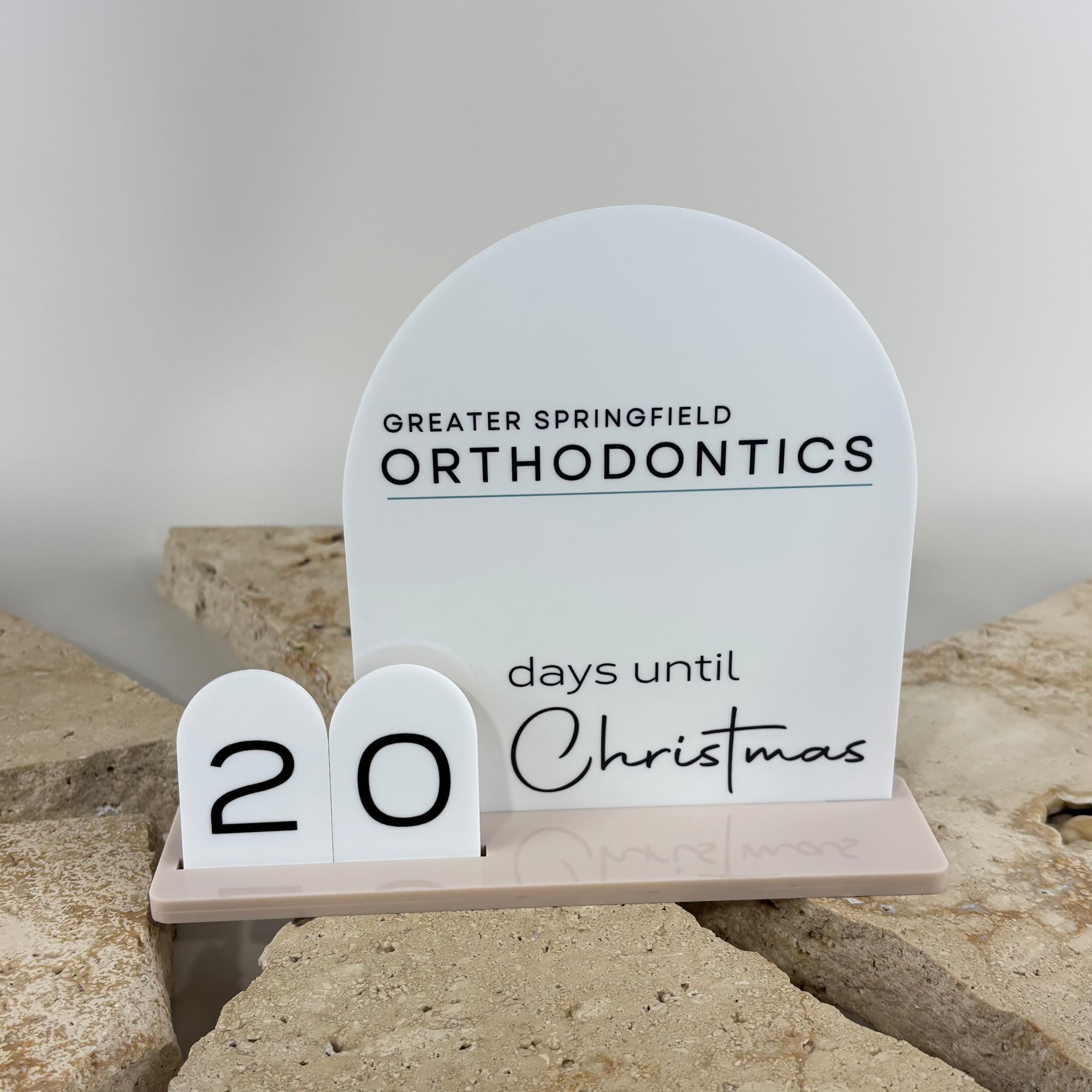 Custom acrylic Christmas countdown calendar with interchangeable number tiles, personalised business Christmas display, branded festive desk decoration, reusable Christmas countdown sign, custom holiday marketing display for businesses and reception areas.