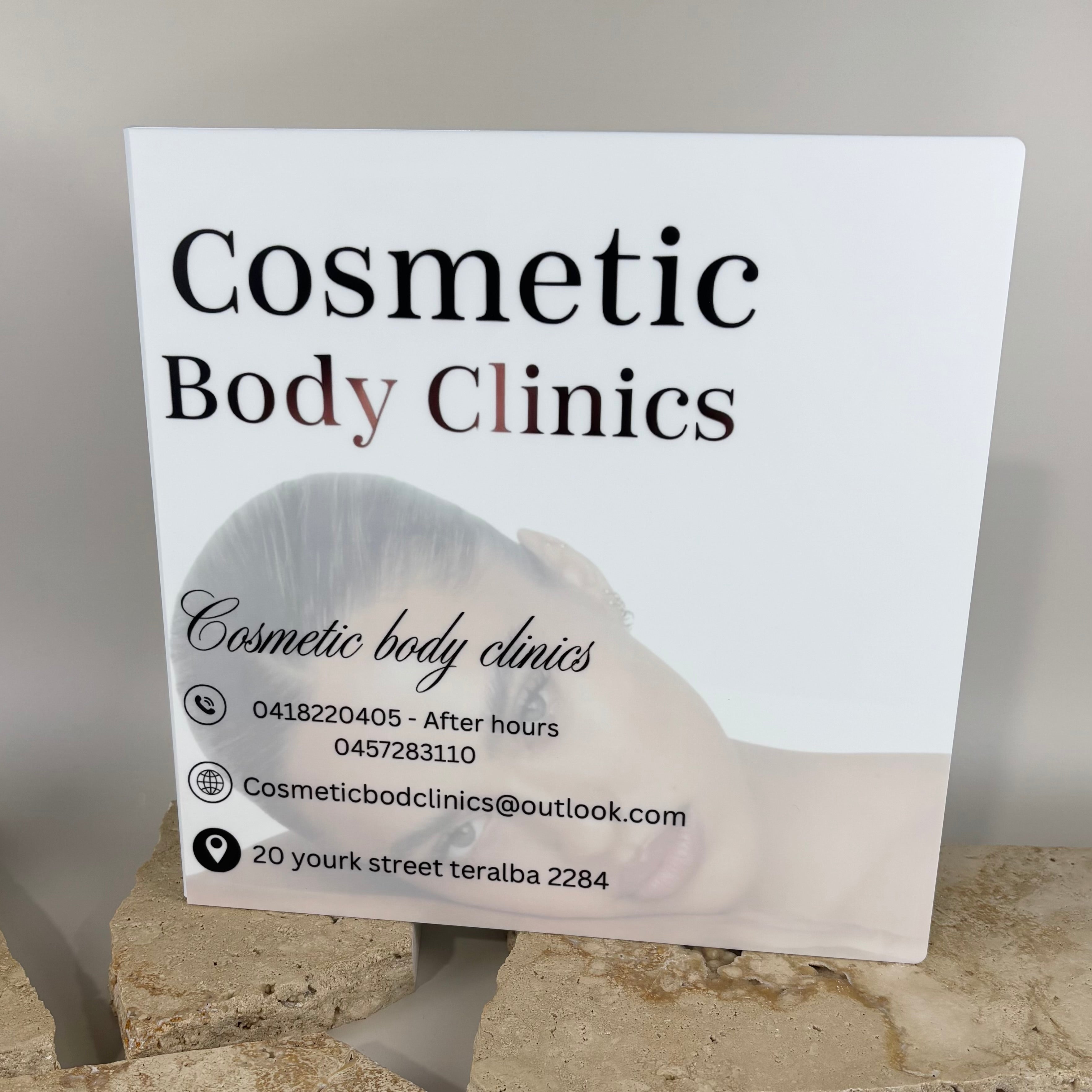 Square blade sign with UV printed logo for cosmetic clinic, acrylic outdoor business signage Australia