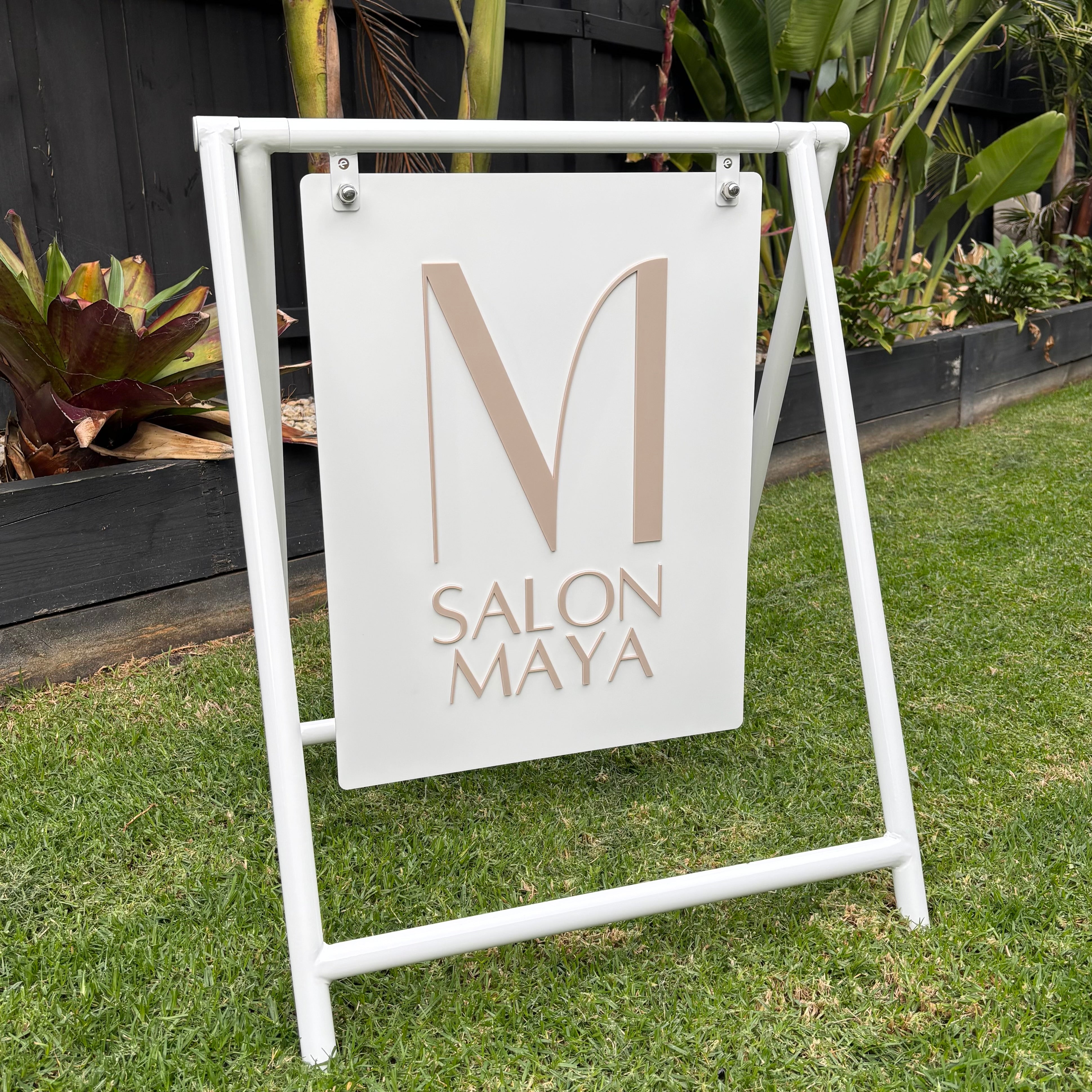 Powder coated steel Swing A Frame footpath sign with hanging acrylic business panel for beauty salon display