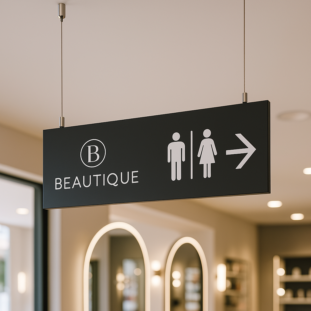 indoor suspended display sign with Beautique logo and restroom icons
