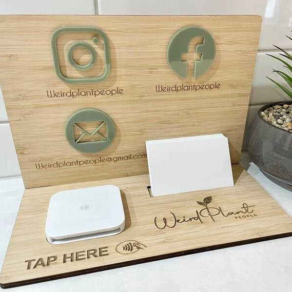 Timber business stand with gold social media icons and card slot