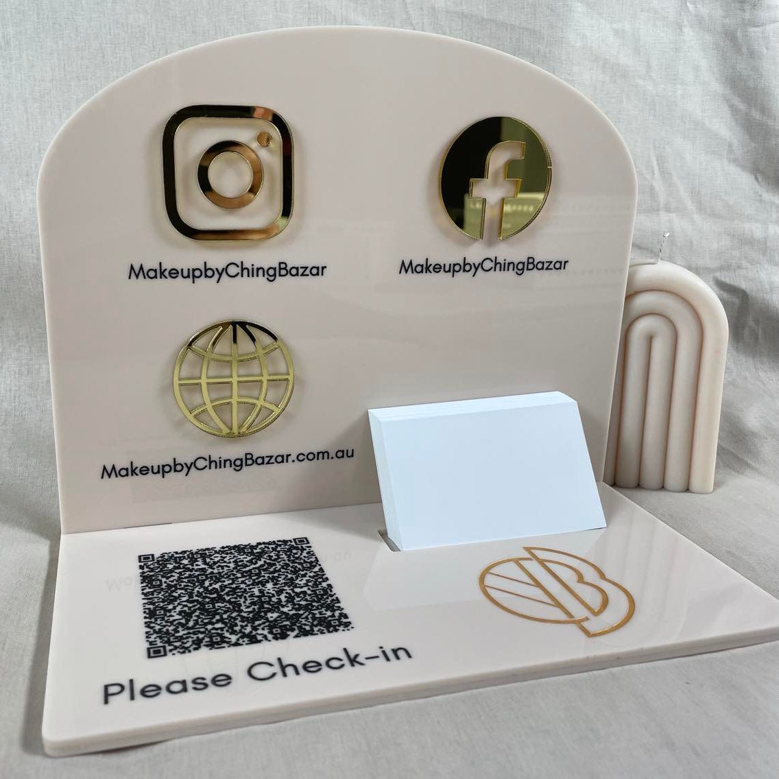 Beige acrylic display with Instagram icon, QR code and business card holder