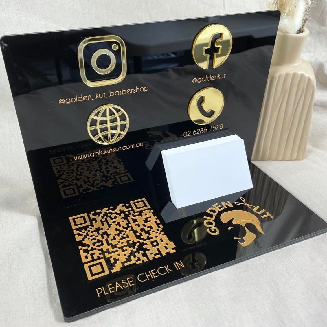 Black and gold double layer acrylic stand with QR codes and social icons