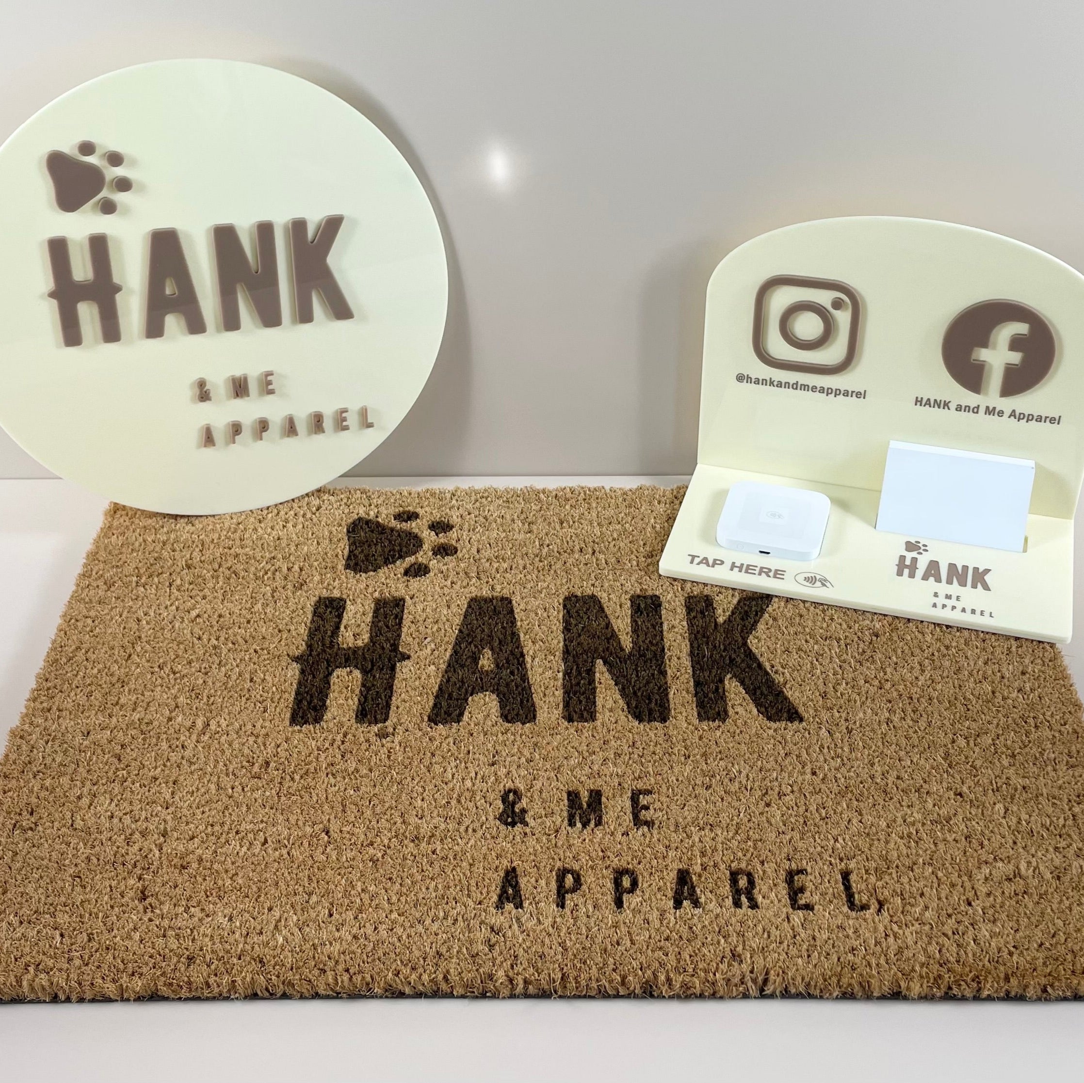 Hank Apparel business sign bundle with logo sign and welcome mat