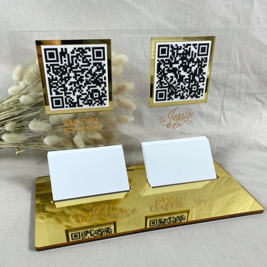 Gold mirrored display with QR codes and business card holder for cafes