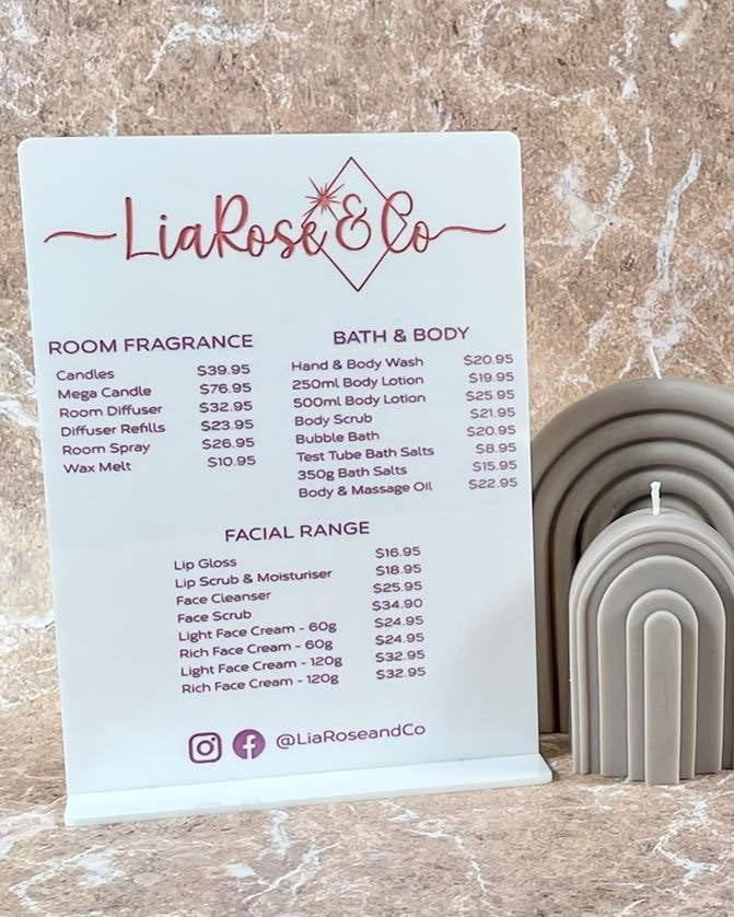 Business service menu for candle or gift business in clear acrylic with pink text