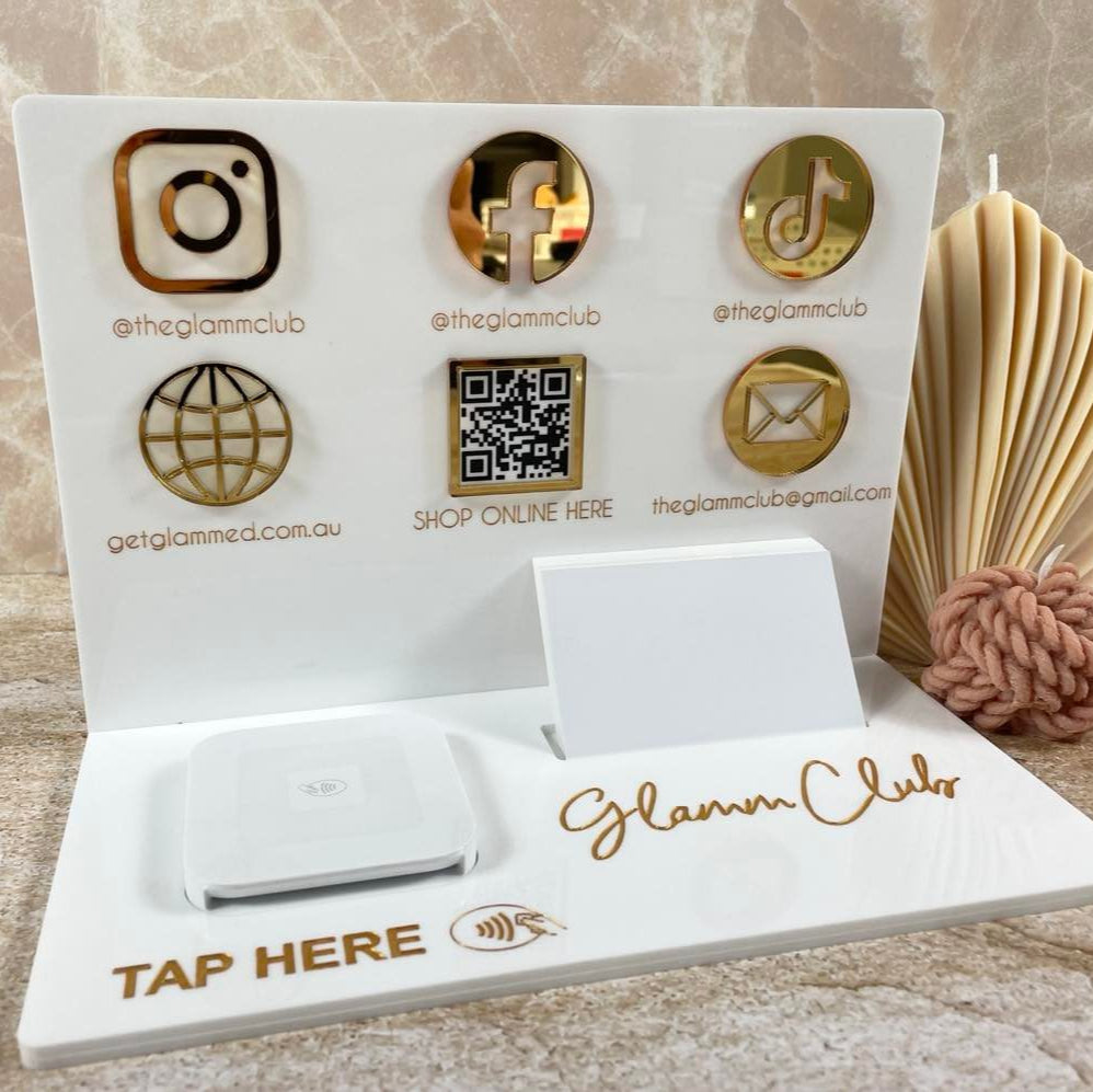 White acrylic Square reader station with logo and Instagram icon