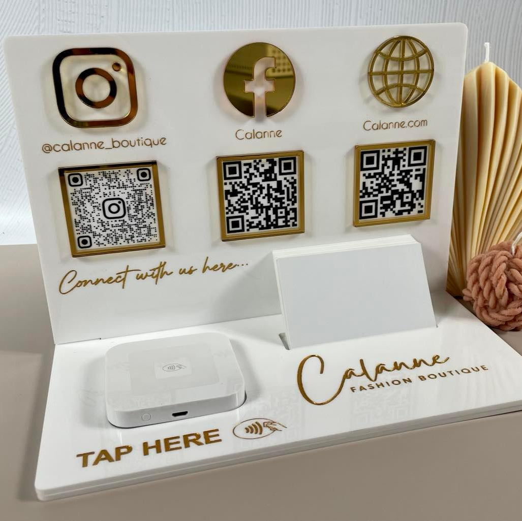 Gold detailed acrylic stand with Instagram and Facebook engraving
