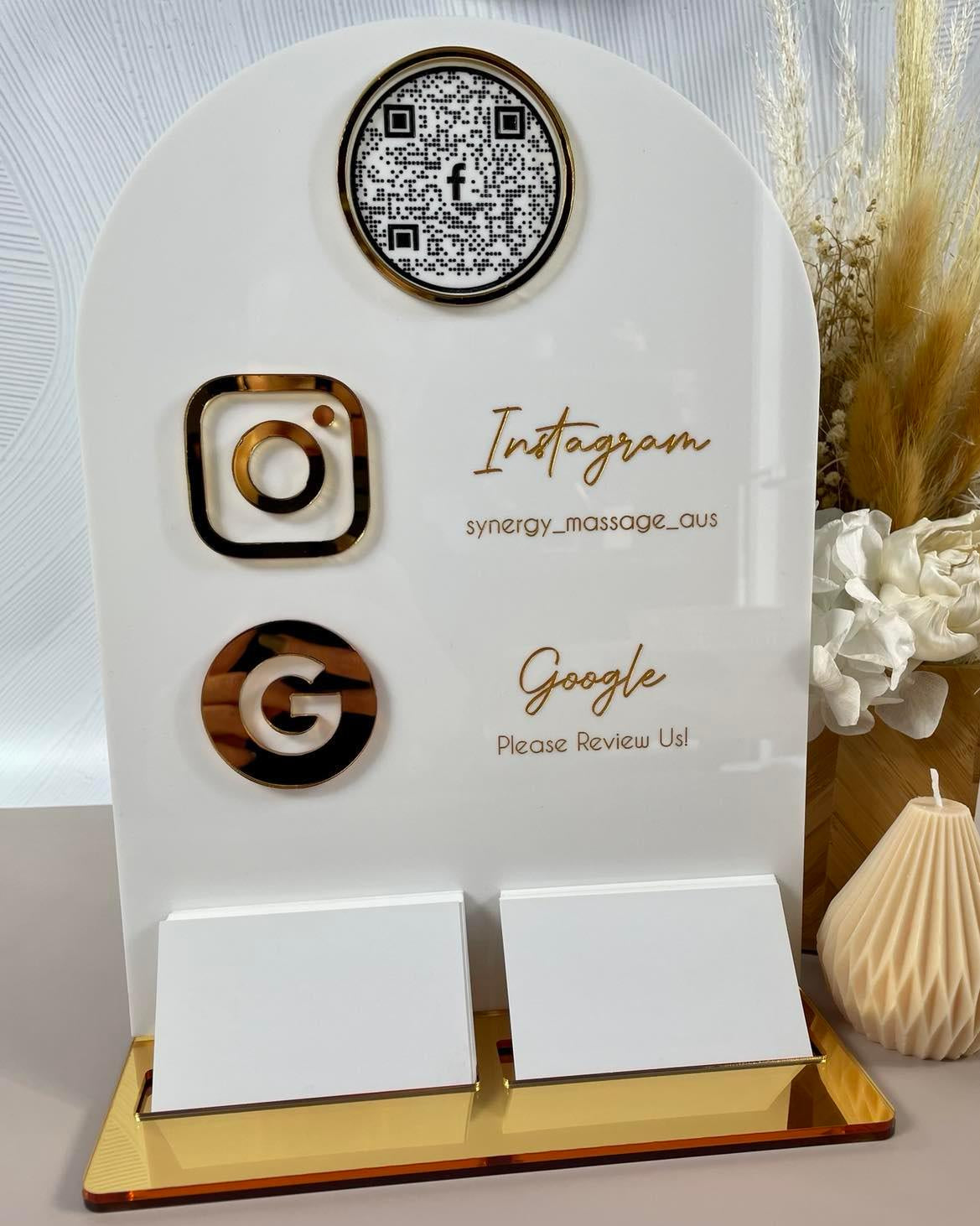White arched card stand with Instagram and Google icons for business display