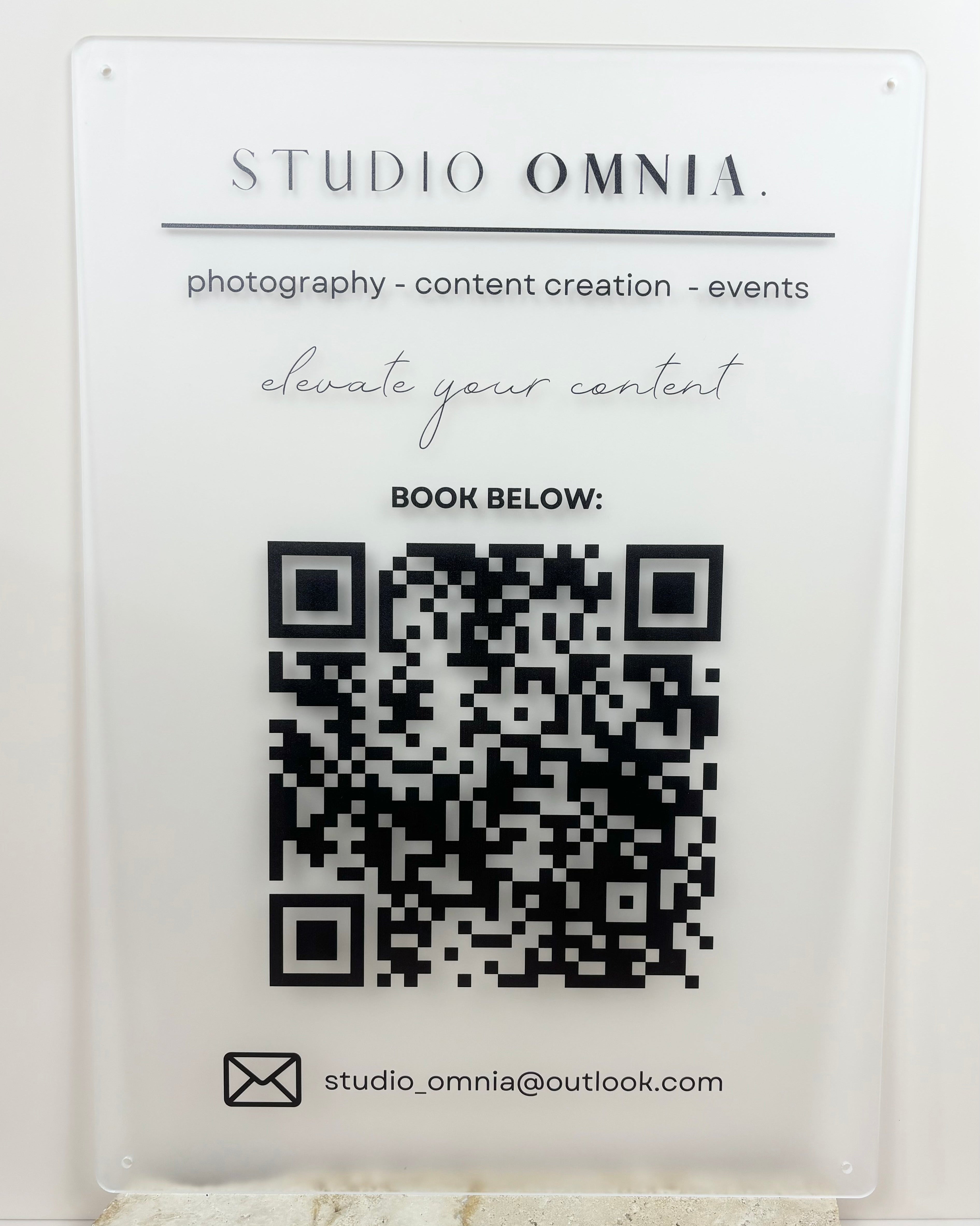 Acrylic opening hours sign with QR code, modern business door signage