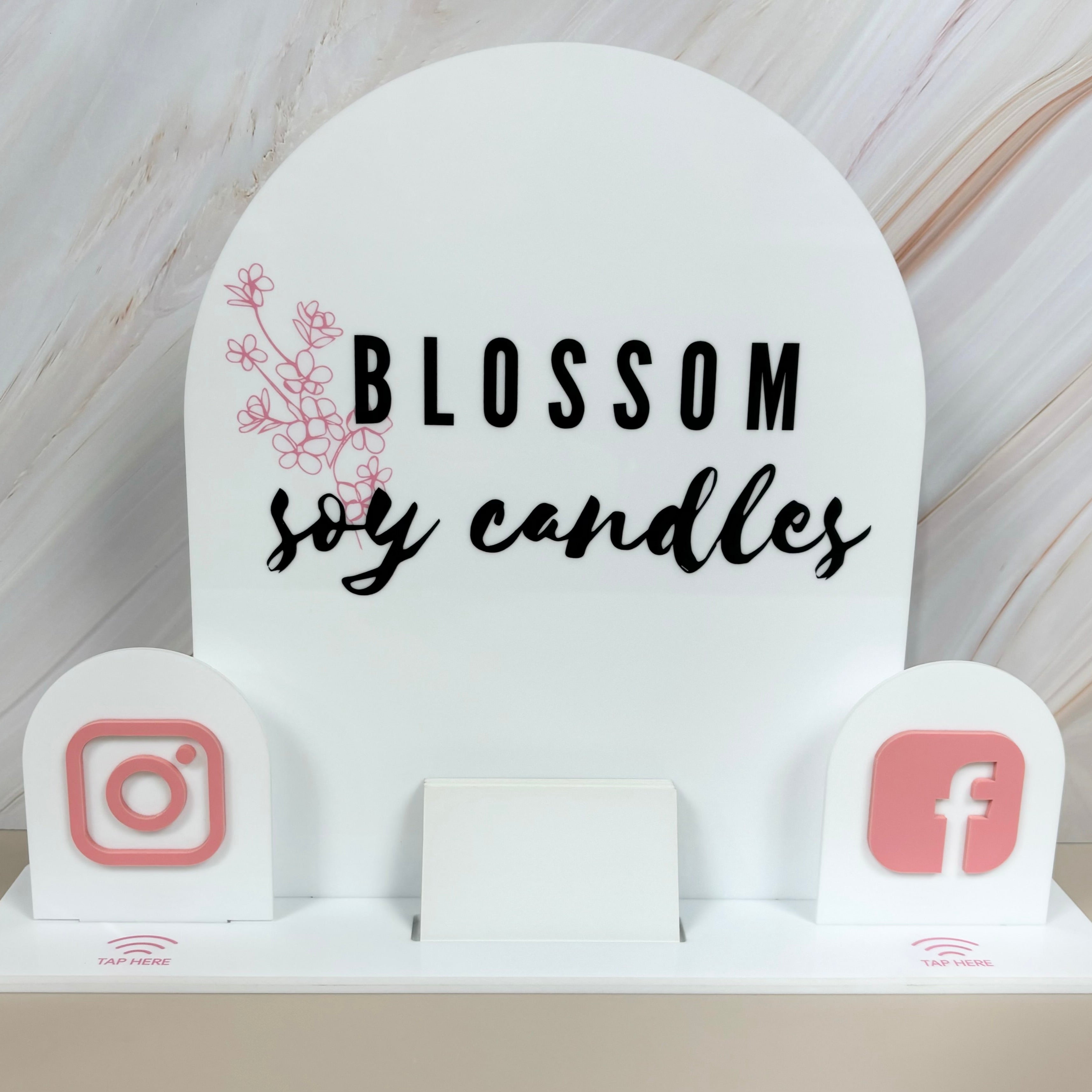 Personalised NFC sign for candle business with tap to connect Instagram and Facebook icons – ideal for small Australian businesses