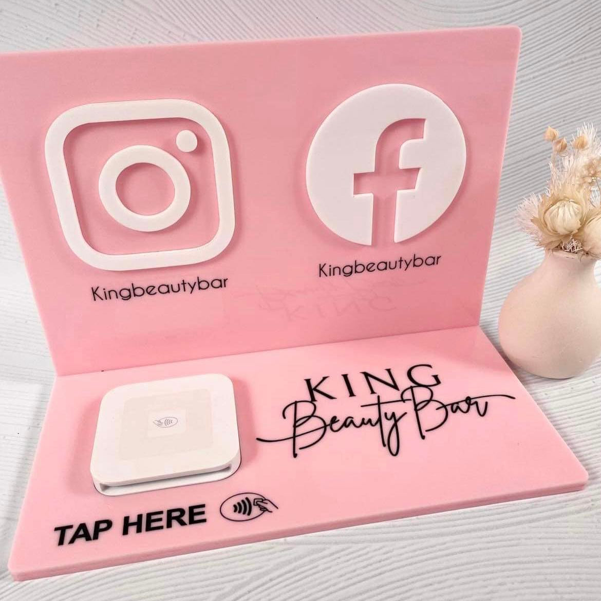 Pink custom Square reader holder with Instagram and Facebook icons