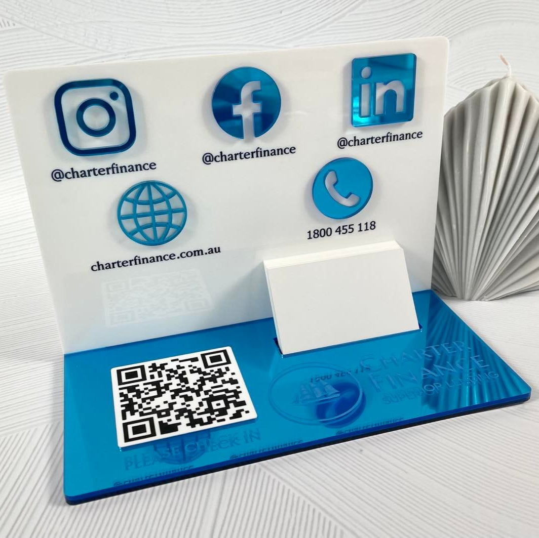 Blue acrylic stand with Instagram, Facebook, LinkedIn and QR code