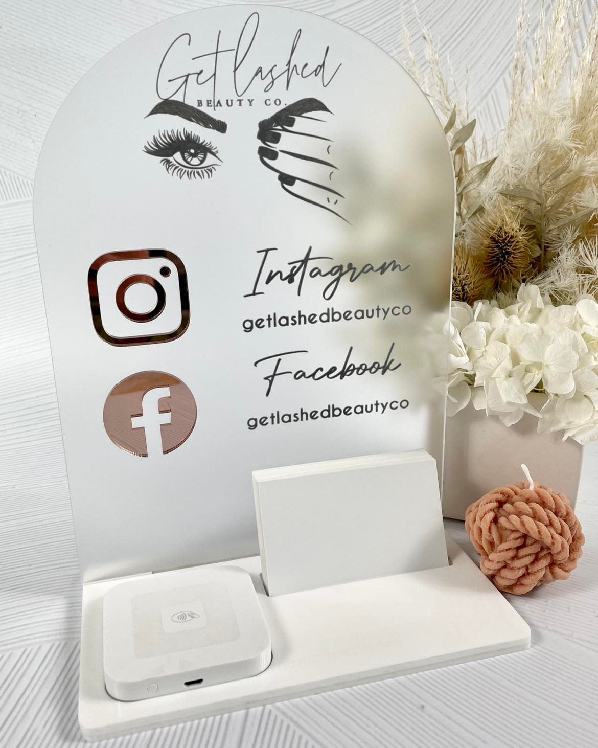 Beauty salon acrylic stand with Instagram and Facebook icons