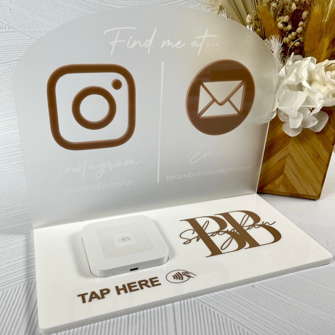 White acrylic card holder with Instagram and email logo