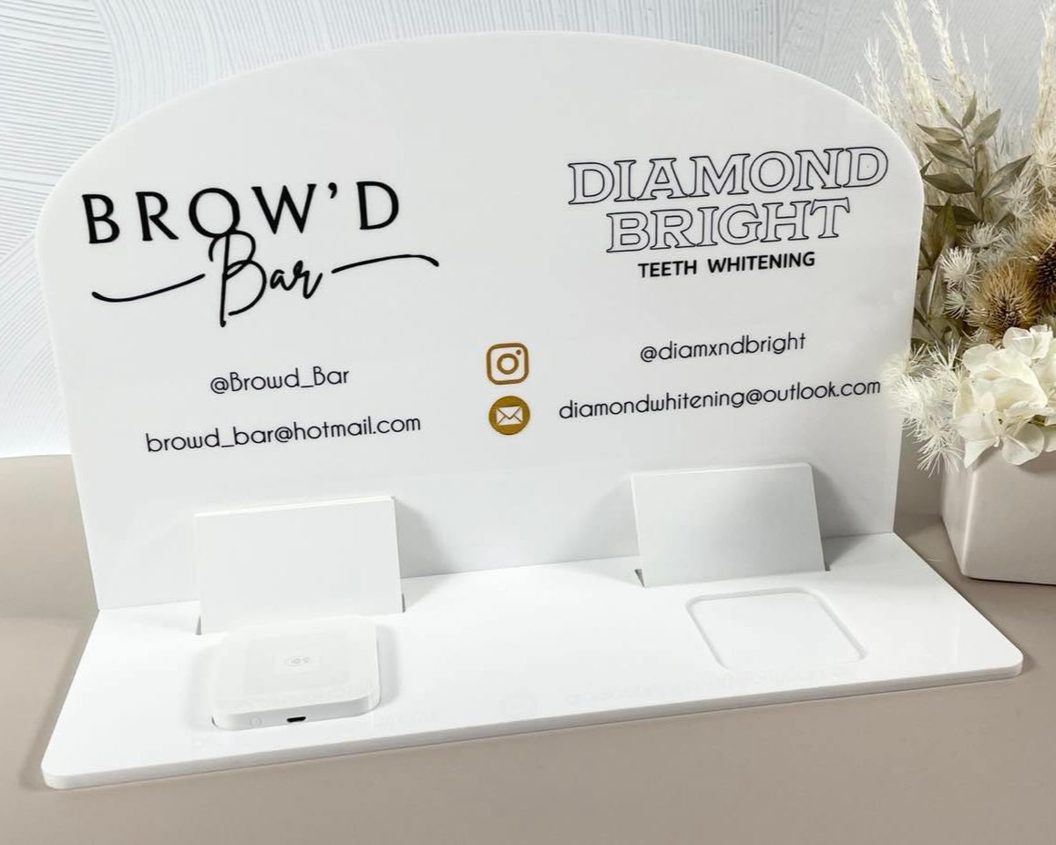 White acrylic reception sign with dual card holders and Instagram icon