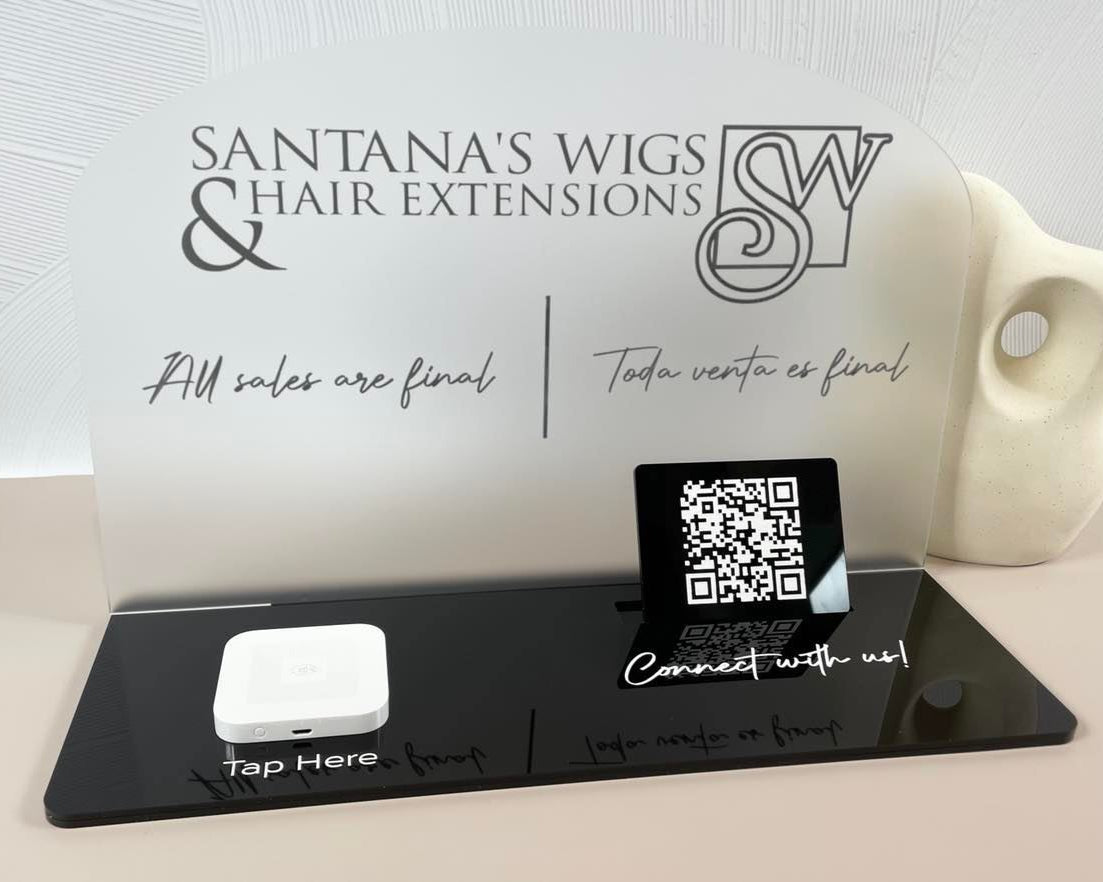Black and frosted acrylic stand with QR code, Square reader, and custom business branding