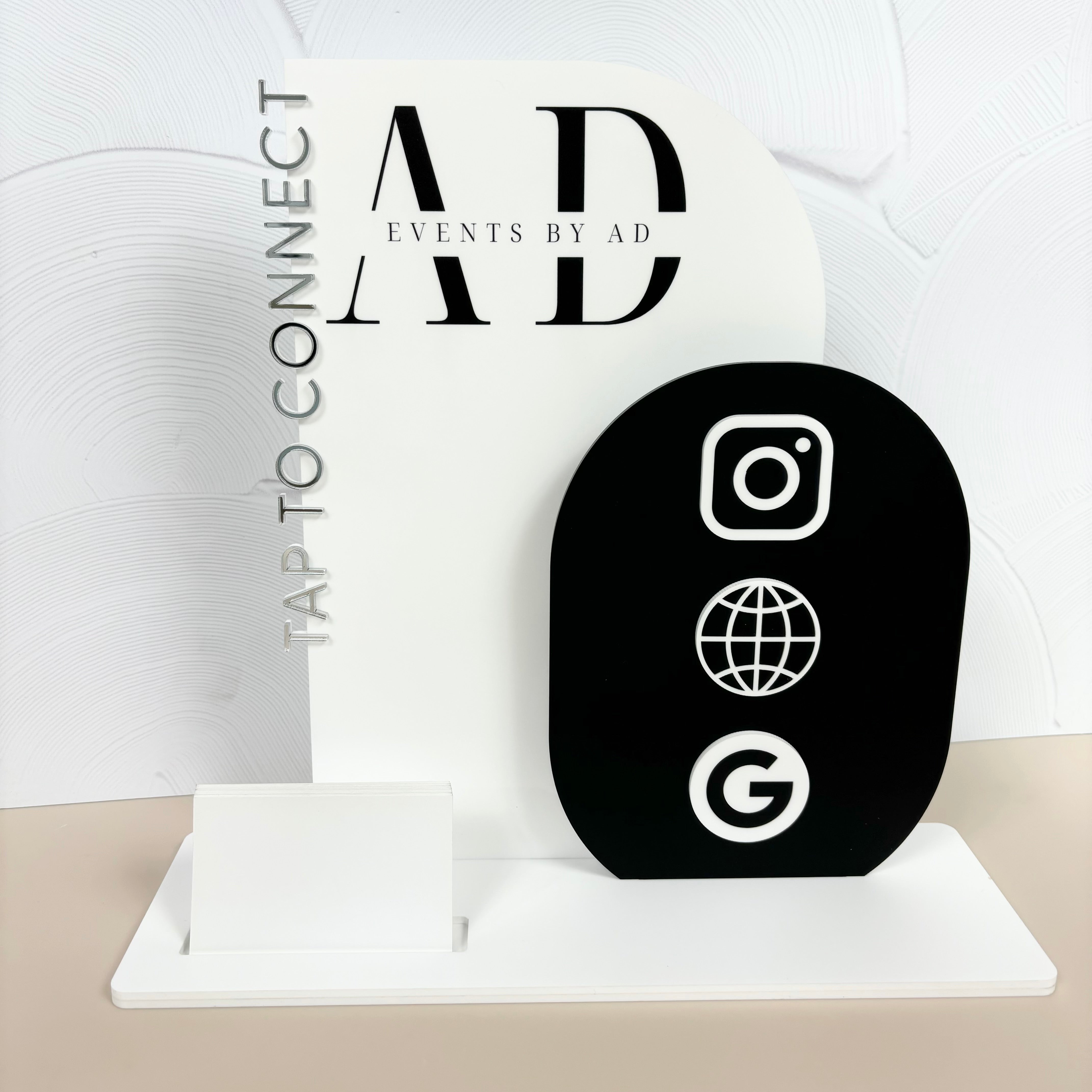 White and black NFC social media display stand for AD business branding