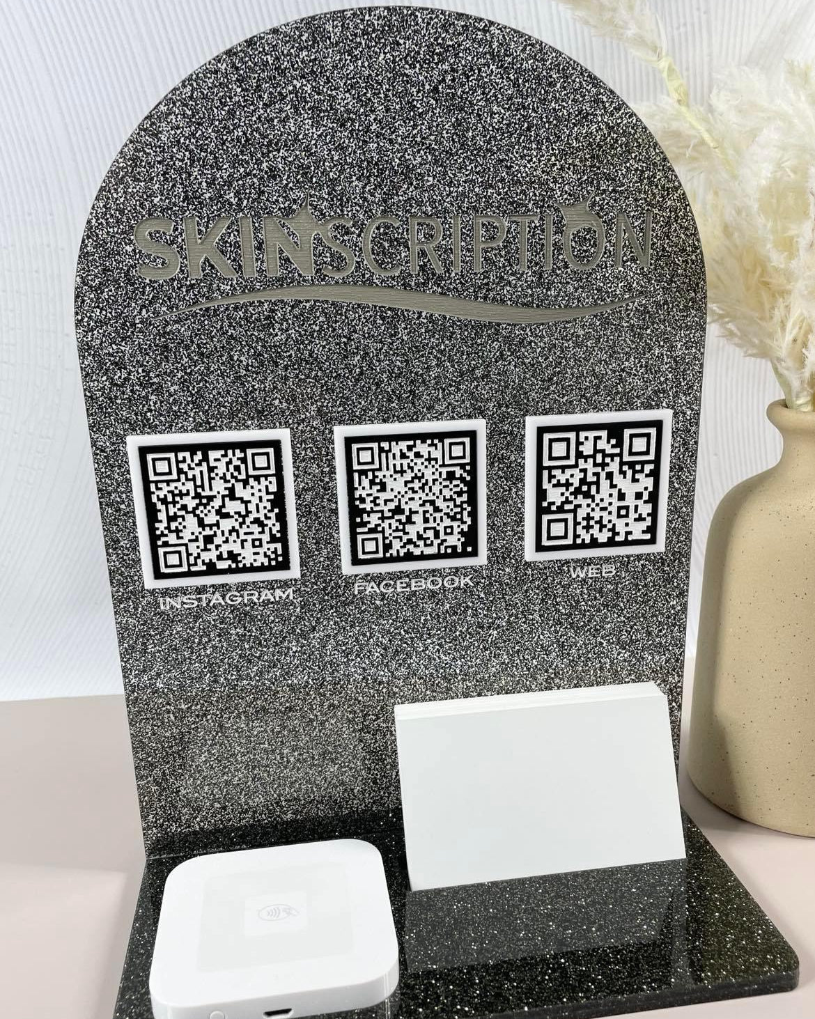 Glitter acrylic social media display with card holder for reception