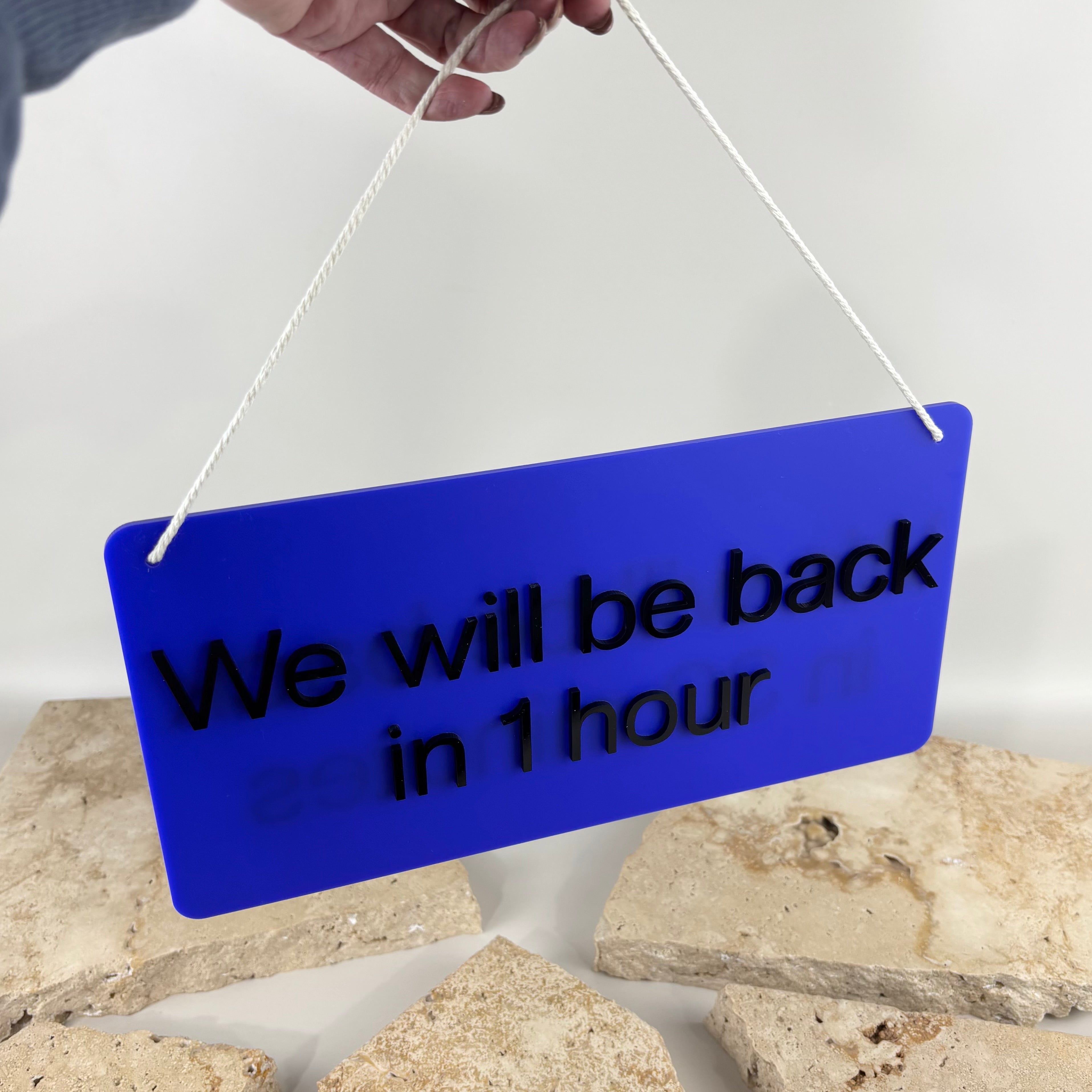 Custom acrylic ‘We Will Be Back’ hanging sign with raised 3D lettering, personalised business door sign for salons, cafes, retail stores and beauty studios, modern open closed style signage in Australia and New Zealand.