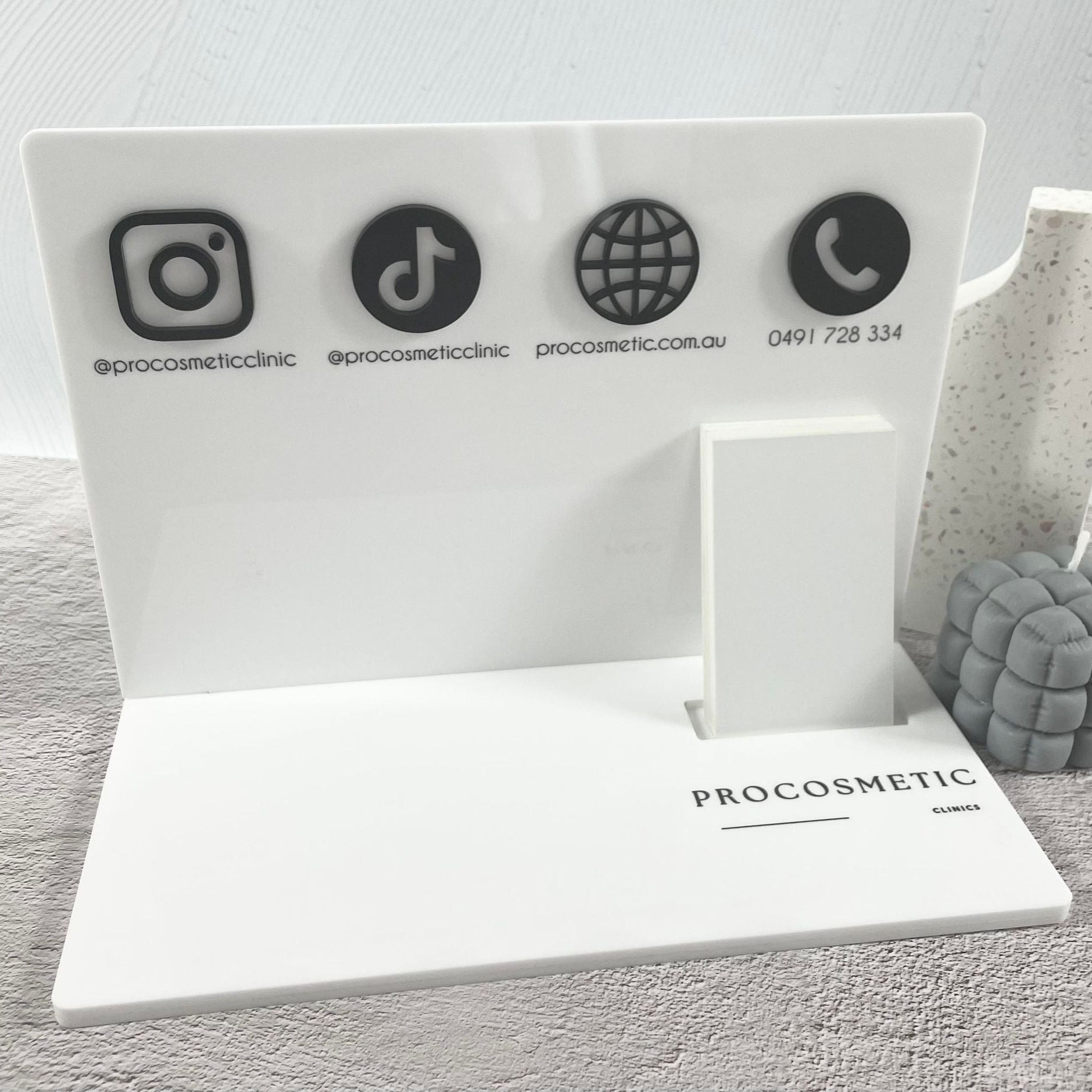 White and black social media sign with TikTok, Instagram and card holder