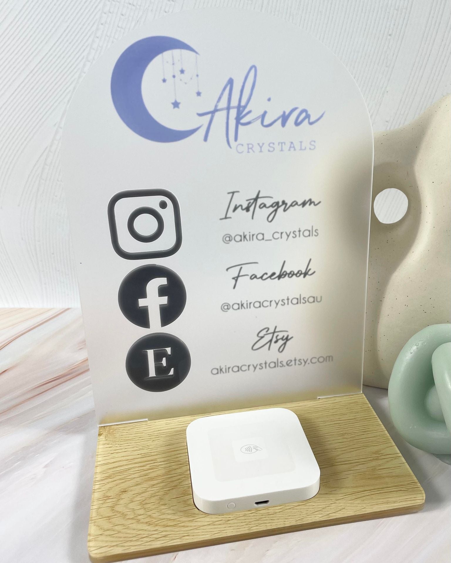 Custom white business station with Instagram and Facebook icons