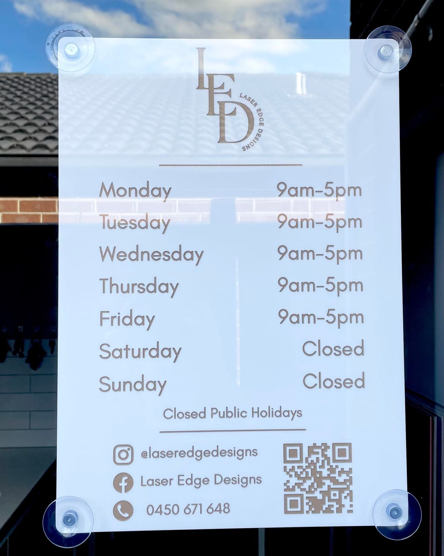 Custom business hours sign with QR code and logo, acrylic trading hours display