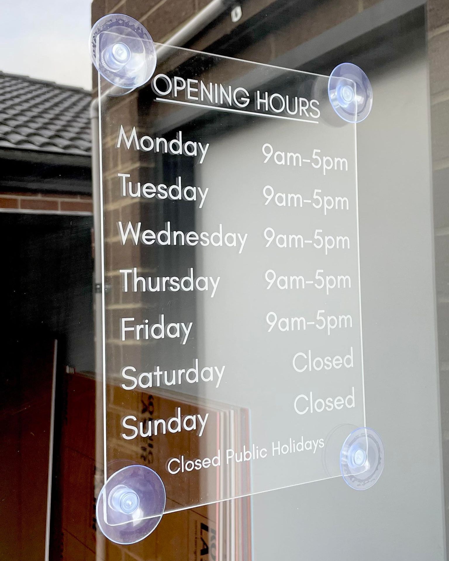 Personalised business opening hours sign on acrylic – clear door signage for shops and salons