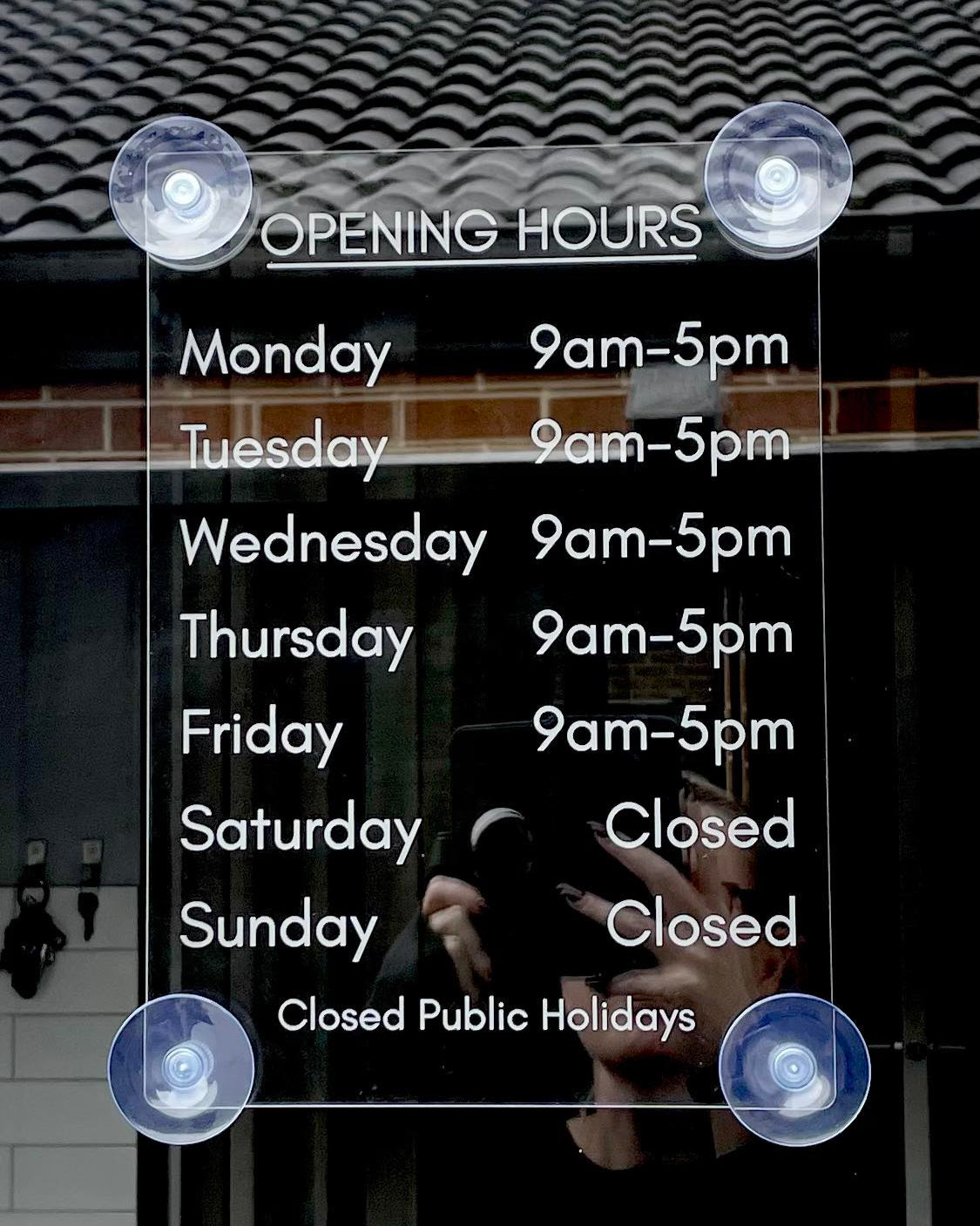 Acrylic opening hours sign with custom trading times – durable outdoor shop signage