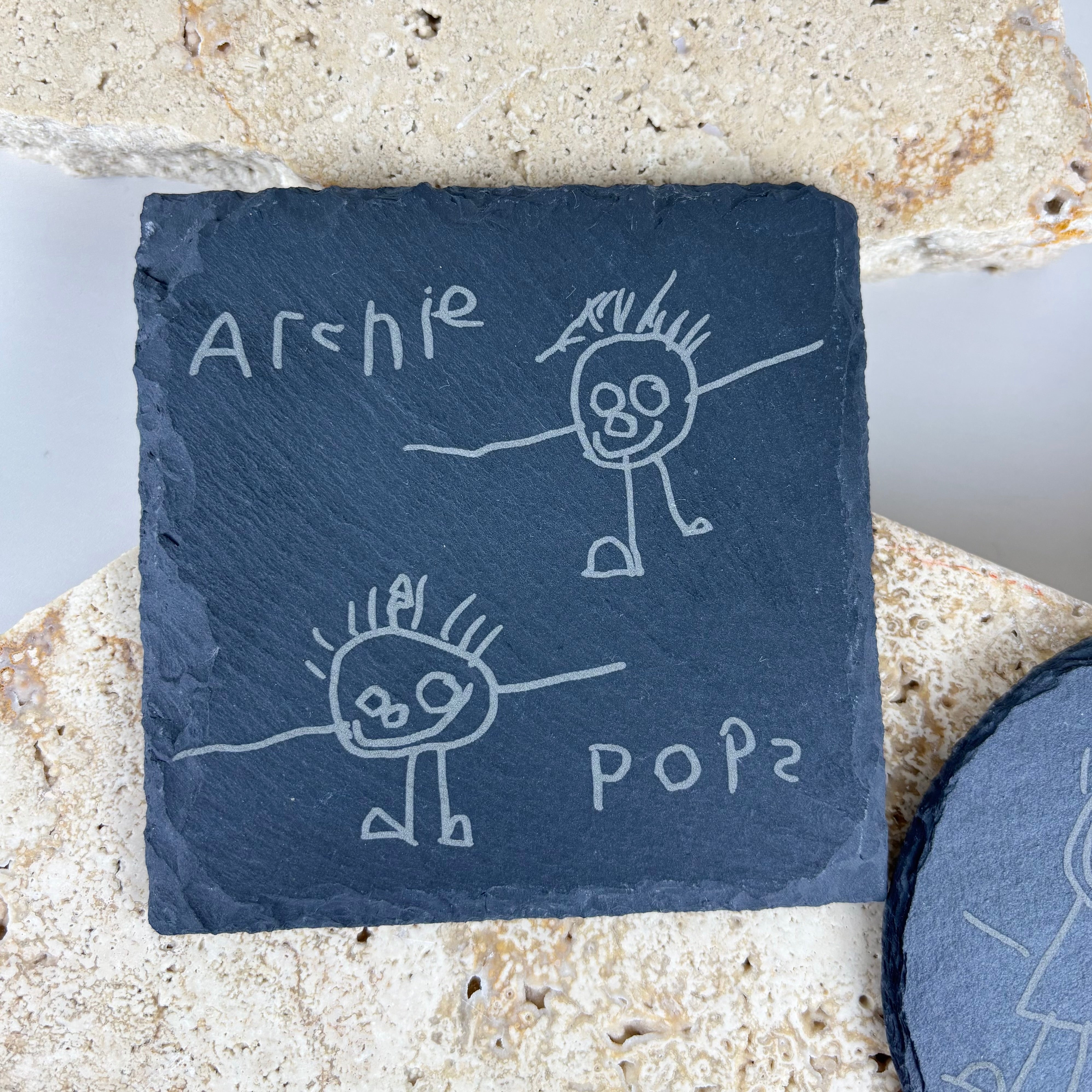 Square engraved slate coaster with child drawing and name – custom personalised slate drink coaster Australia