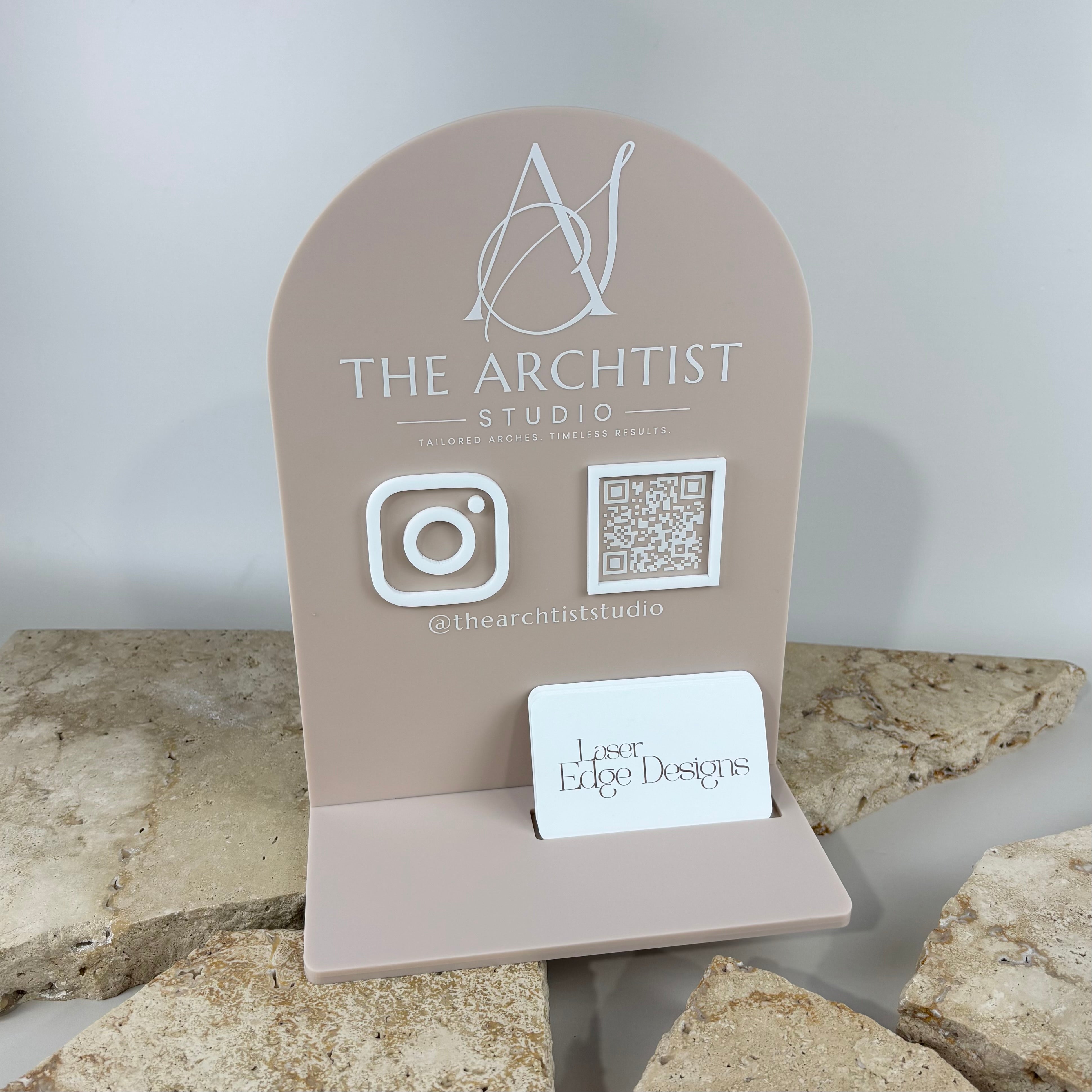Custom NFC business station for beauty salons, brow studios and cosmetic businesses featuring Instagram icon, QR code and business card holder. Premium acrylic countertop display designed to share social media profiles, collect followers, showcase business cards and increase customer engagement with a modern branded marketing solution.