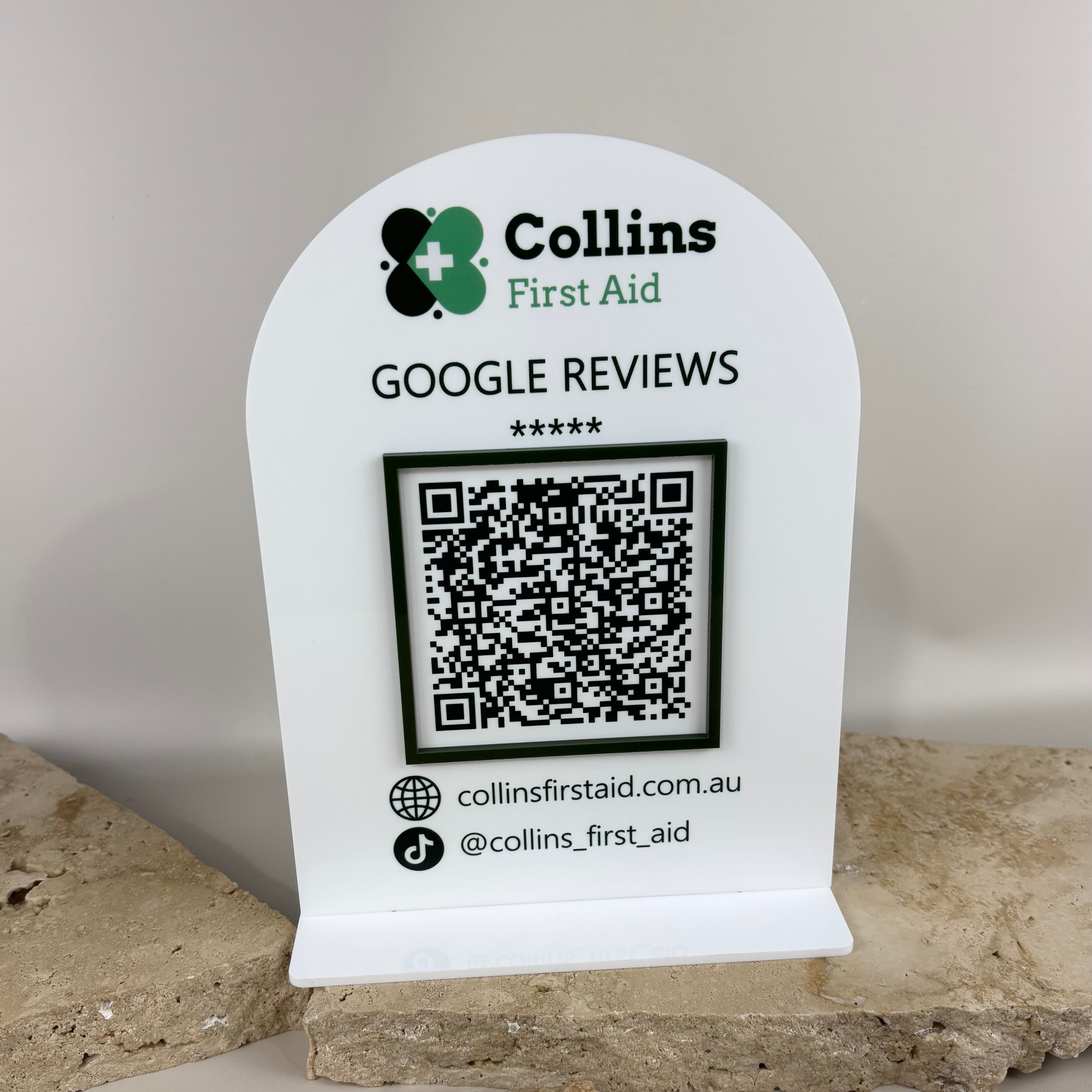 Custom acrylic Google review stand with QR code and business branding, white countertop display sign designed to help businesses collect Google reviews quickly by scanning the QR code.