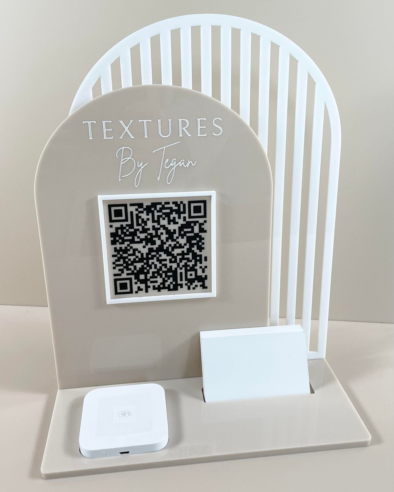 White and beige acrylic social media display stand with QR code and Square reader slot
