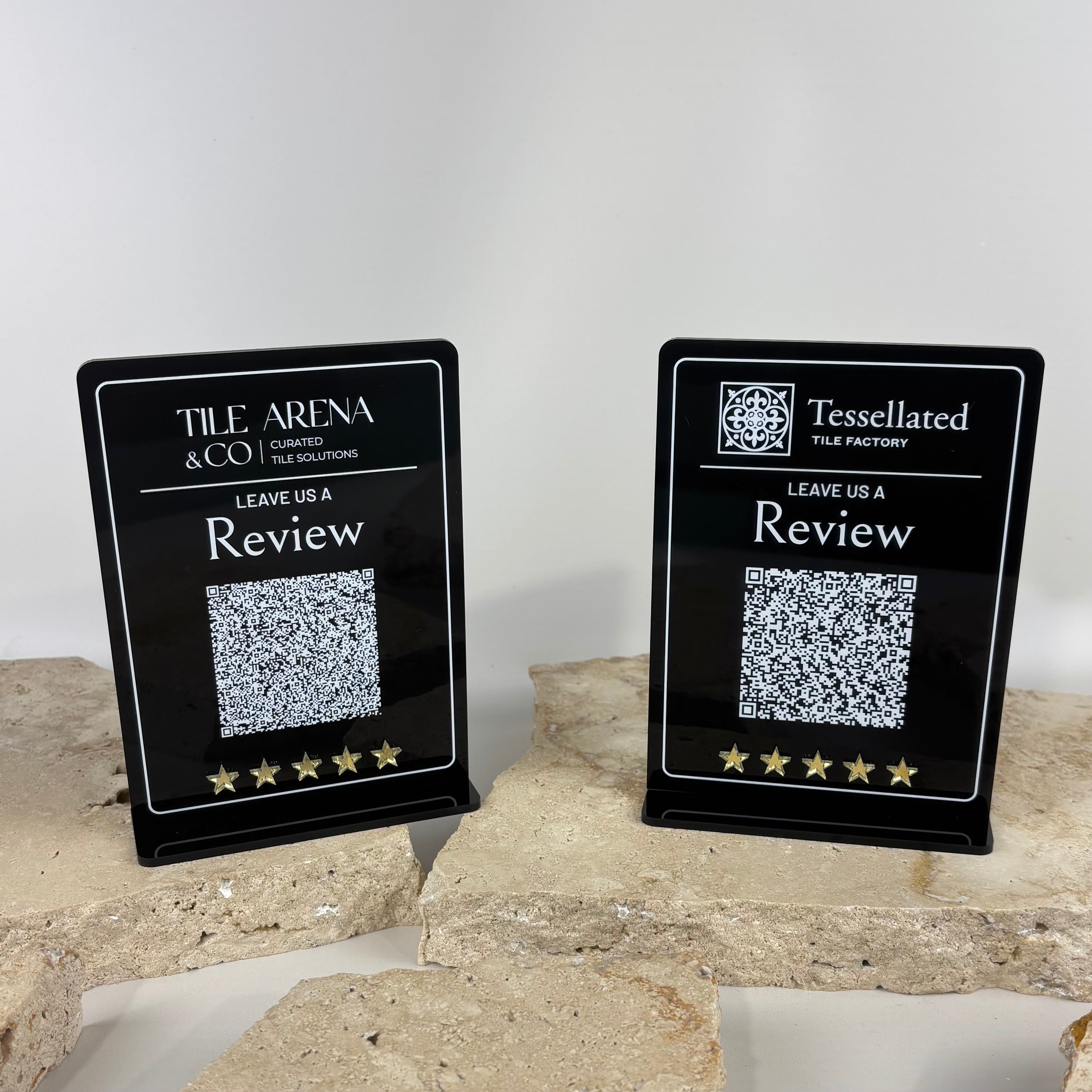 Custom acrylic Google review stand with QR code and five star rating display, black acrylic countertop sign designed to encourage customers to leave a Google review, ideal for retail stores, showrooms, salons and service businesses in Australia.